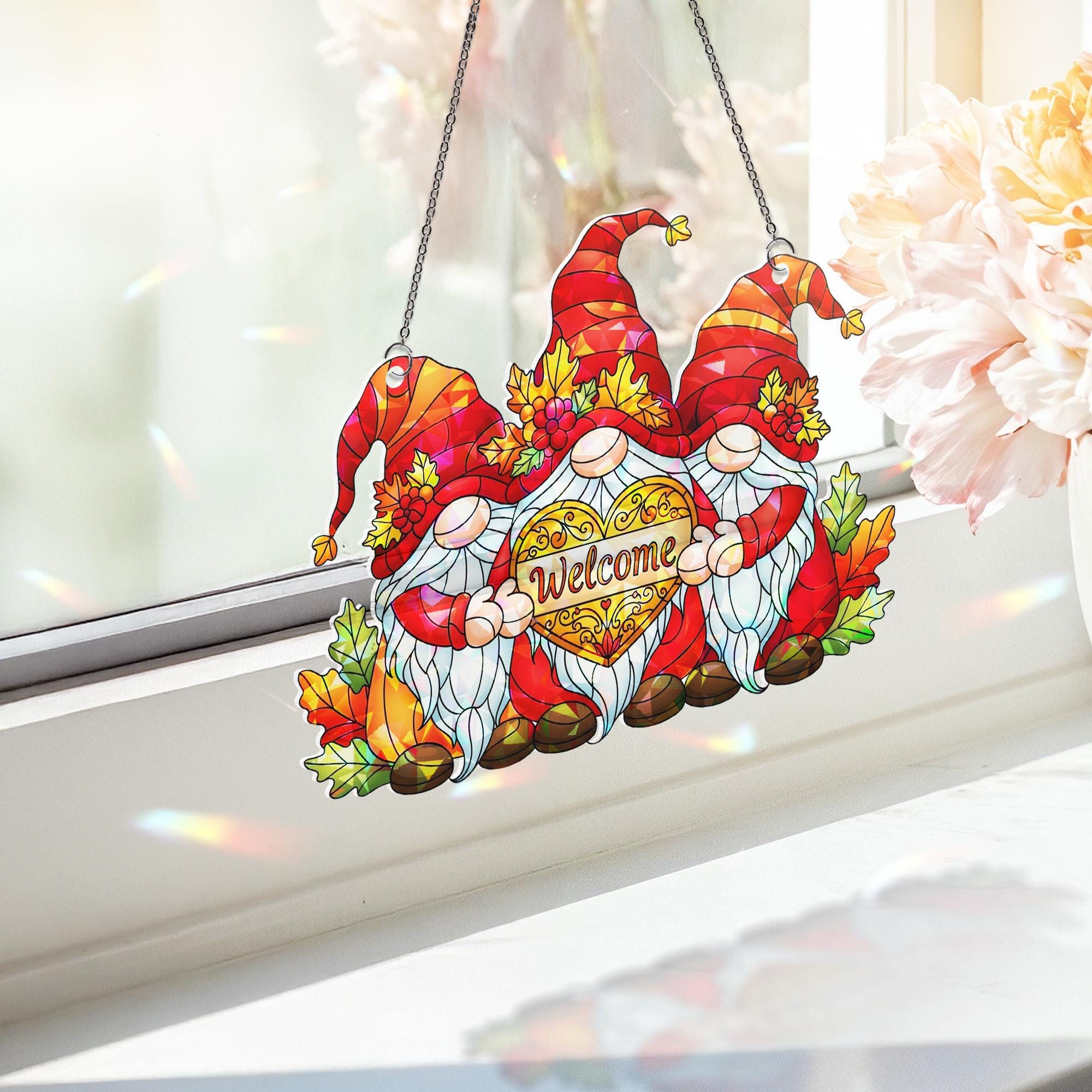 Fall Gnome Welcome Window Hanging – Autumn Holographic Faux Glass Decor with Leaves & Gnomes, Sun Catcher for Door or Window