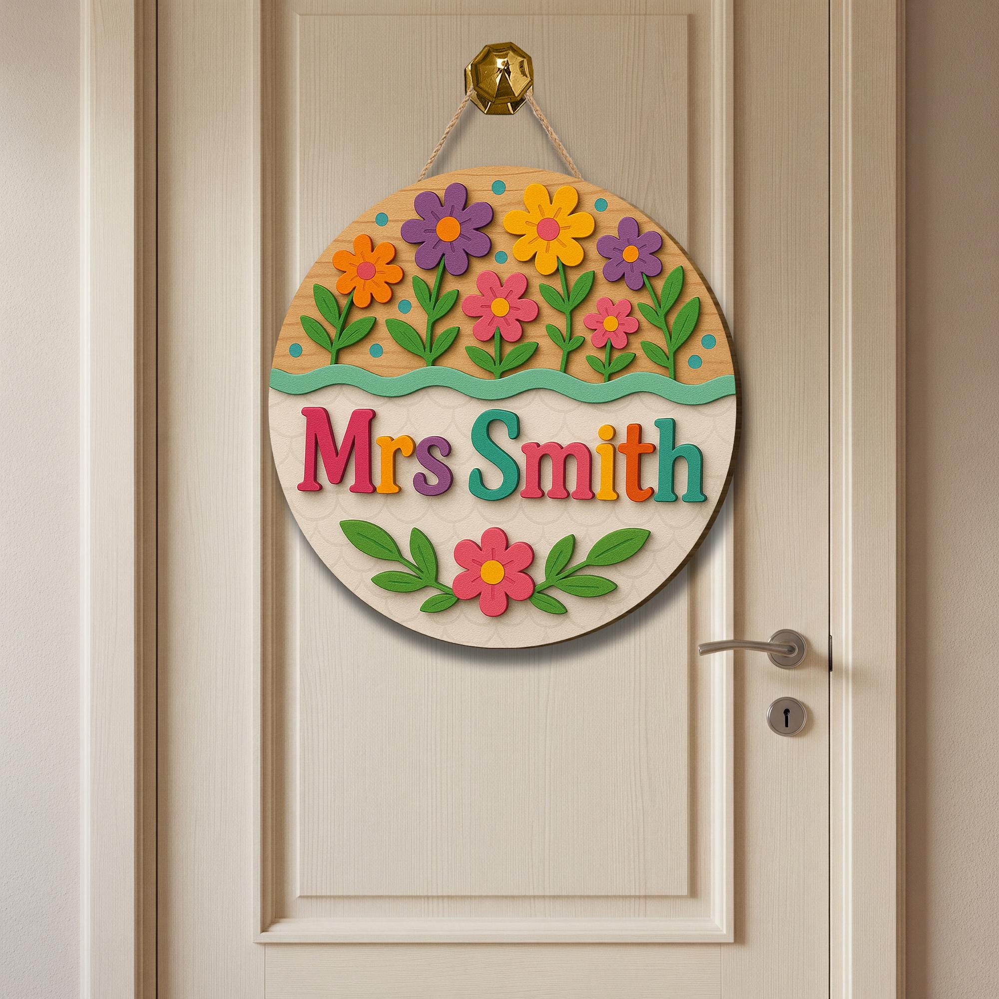 Custom Floral Teacher Sign, 3D Wooden Name Sign for Teacher Classroom, Colorful Classroom Door Decor, Back to School Gift