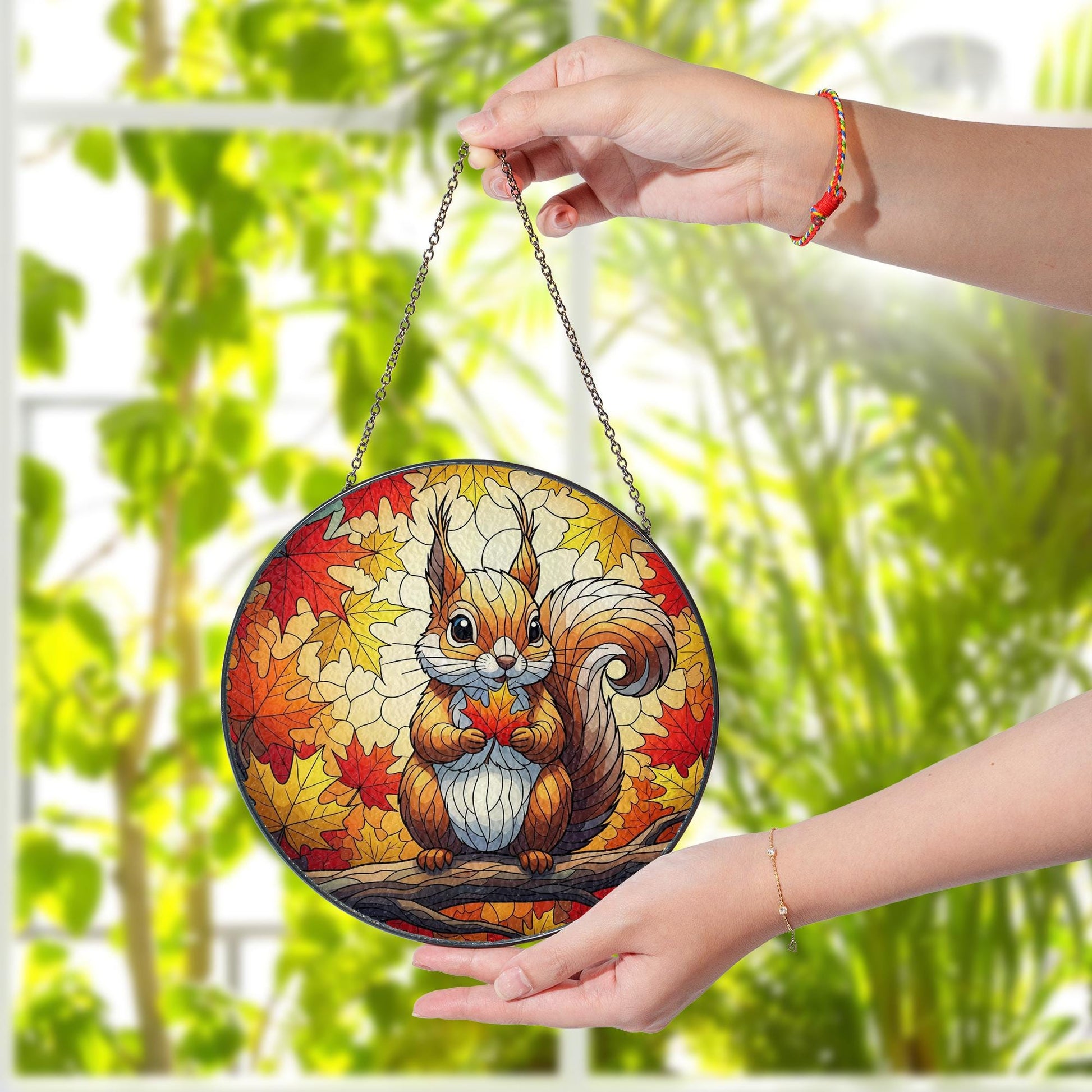 Cute Squirrel Stained Glass Sun Catcher - Autumn Maple Leaf Window Decor - Fall Woodland Animal Gift