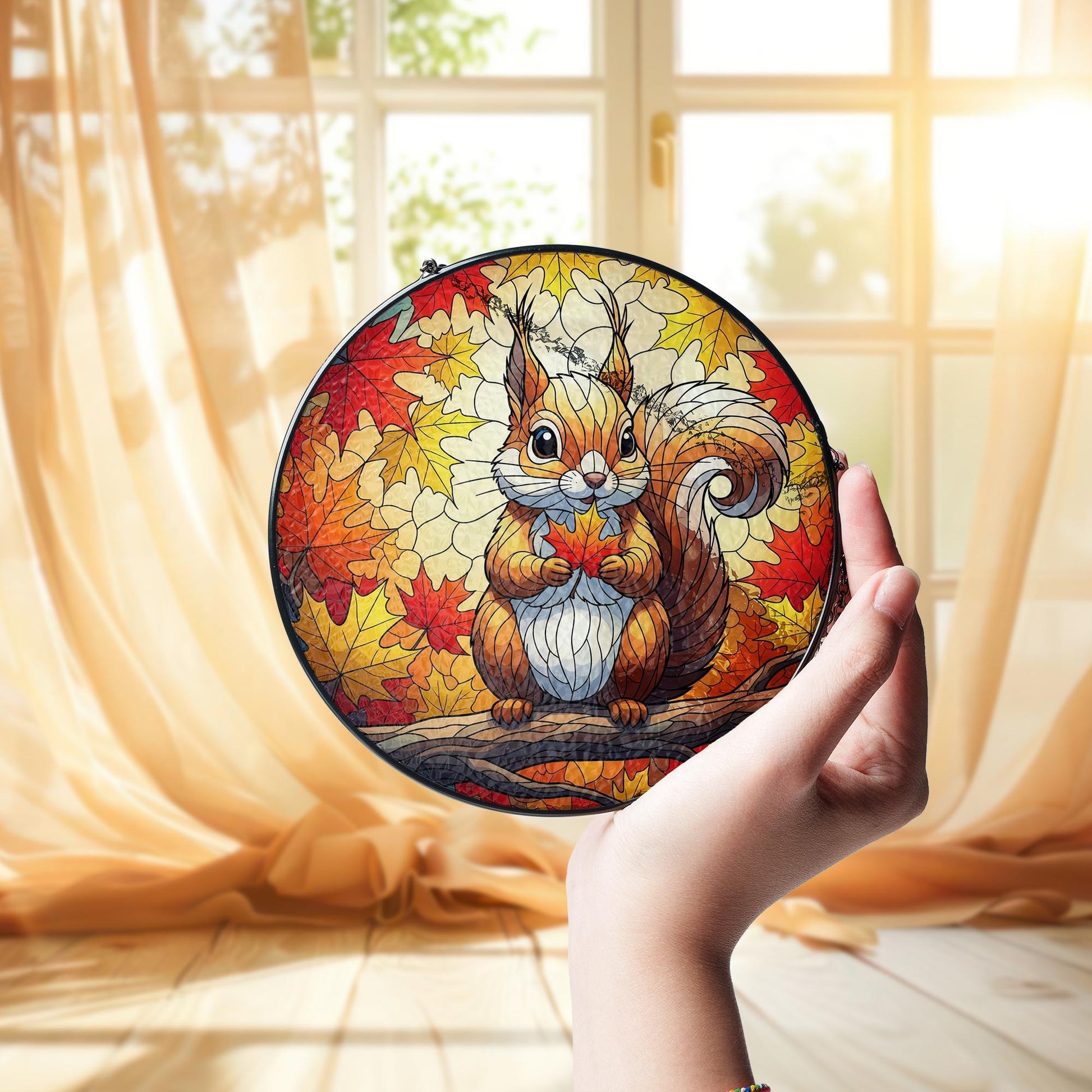 Cute Squirrel Stained Glass Sun Catcher - Autumn Maple Leaf Window Decor - Fall Woodland Animal Gift
