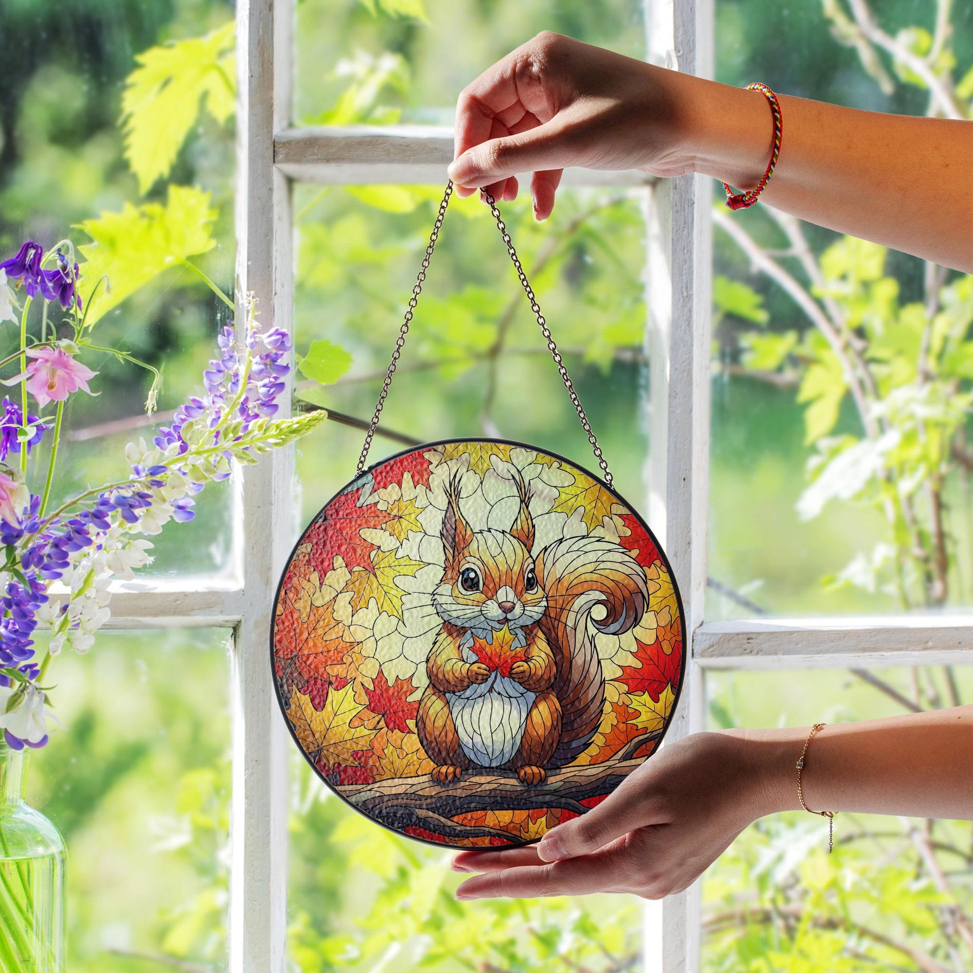 Cute Squirrel Stained Glass Sun Catcher - Autumn Maple Leaf Window Decor - Fall Woodland Animal Gift