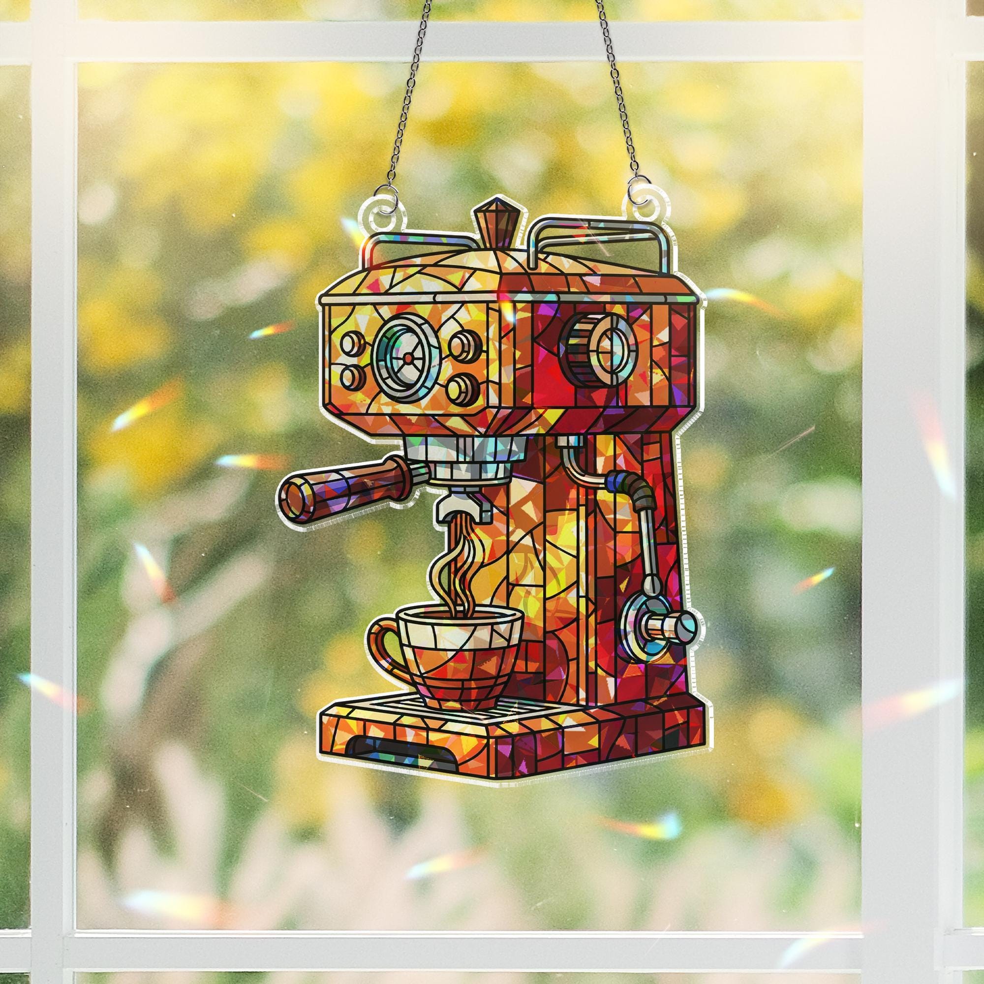 Coffee Bar Hologram Window Hanging – Faux Glass Espresso Machine Decor, Kitchen Coffee Lover Gift, Sun Catcher Window Sign