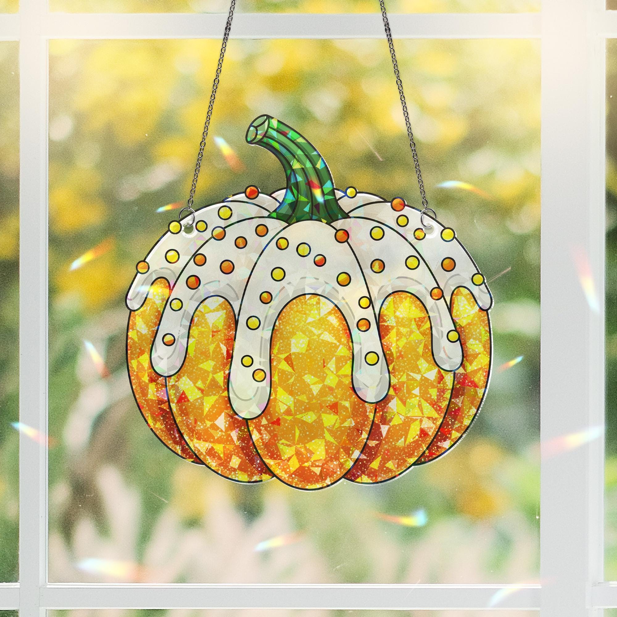 Pumpkin Cupcake Faux Glass Window Hanging – Holographic Fall Decor, Sweet Autumn Kitchen Sun Catcher, Pumpkin Lover Halloween Gift