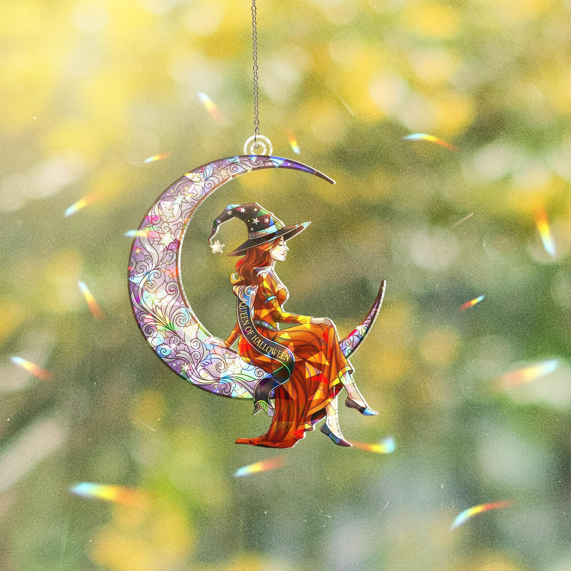 Halloween Witch Sun Catcher - Stained Glass Crescent Moon Window Decor - Queen of Halloween Gift