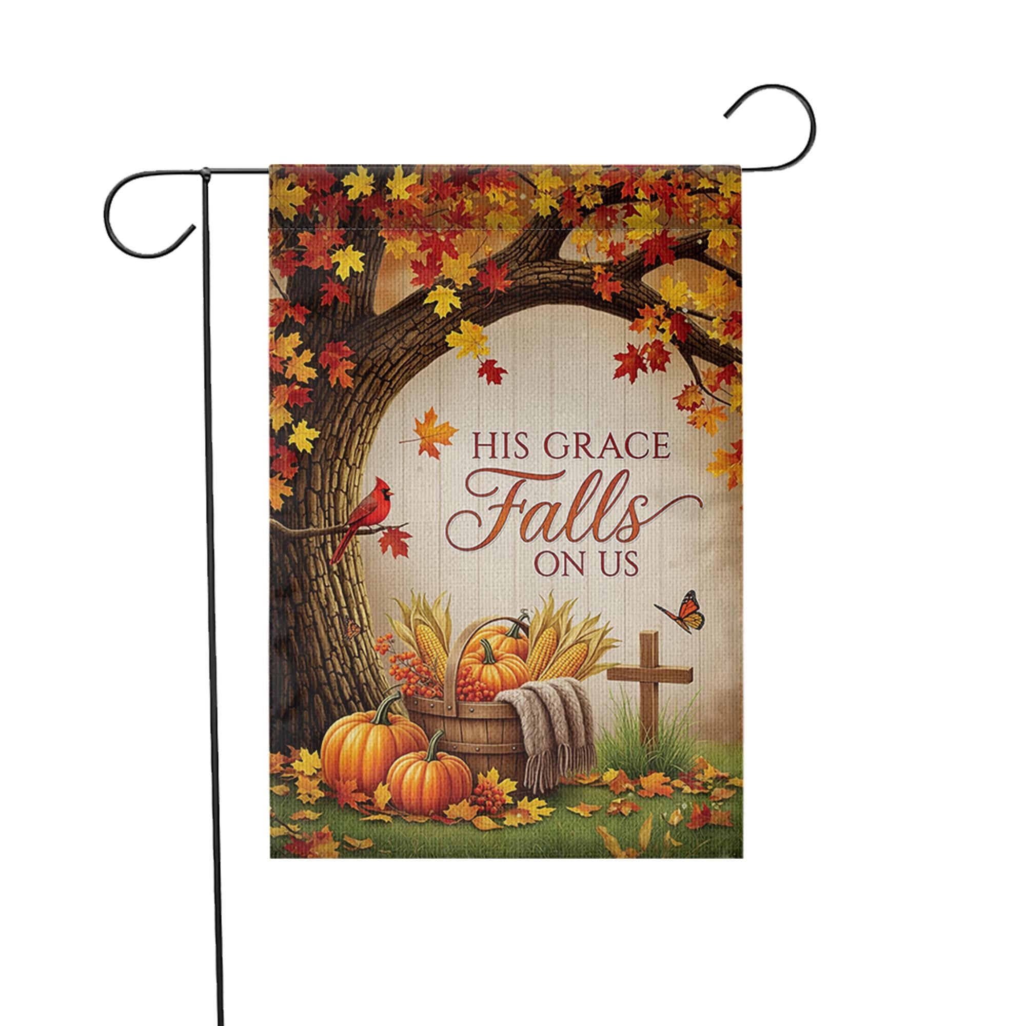 Christian Fall Garden Flag - His Grace Falls On Us - Autumn Pumpkin Outdoor Yard Decor