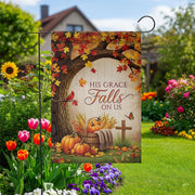 Christian Fall Garden Flag - His Grace Falls On Us - Autumn Pumpkin Outdoor Yard Decor