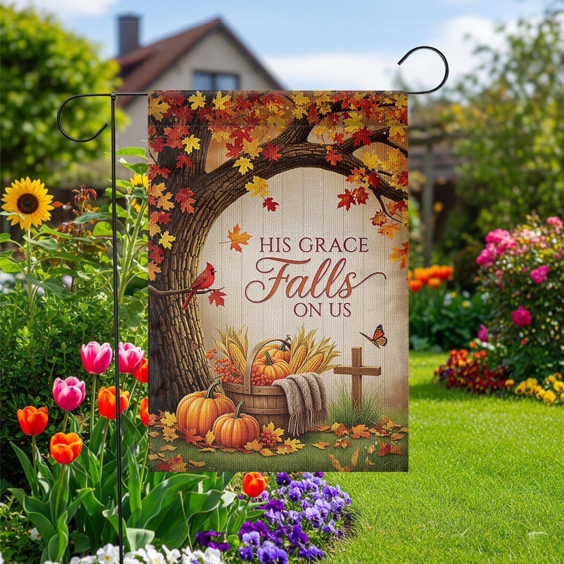 Christian Fall Garden Flag - His Grace Falls On Us - Autumn Pumpkin Outdoor Yard Decor
