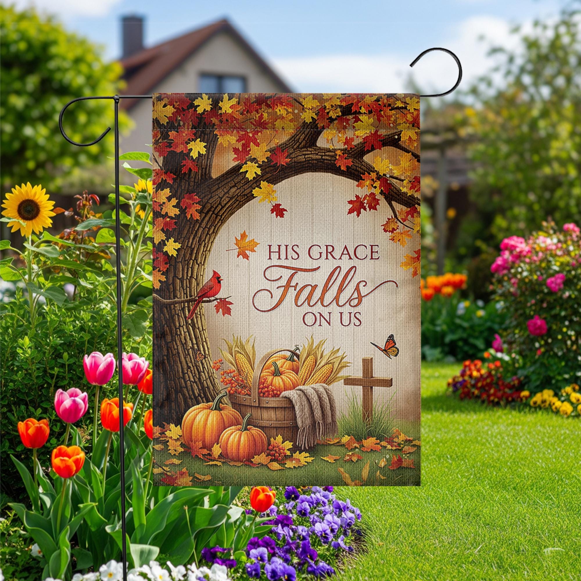 Christian Fall Garden Flag - His Grace Falls On Us - Autumn Pumpkin Outdoor Yard Decor