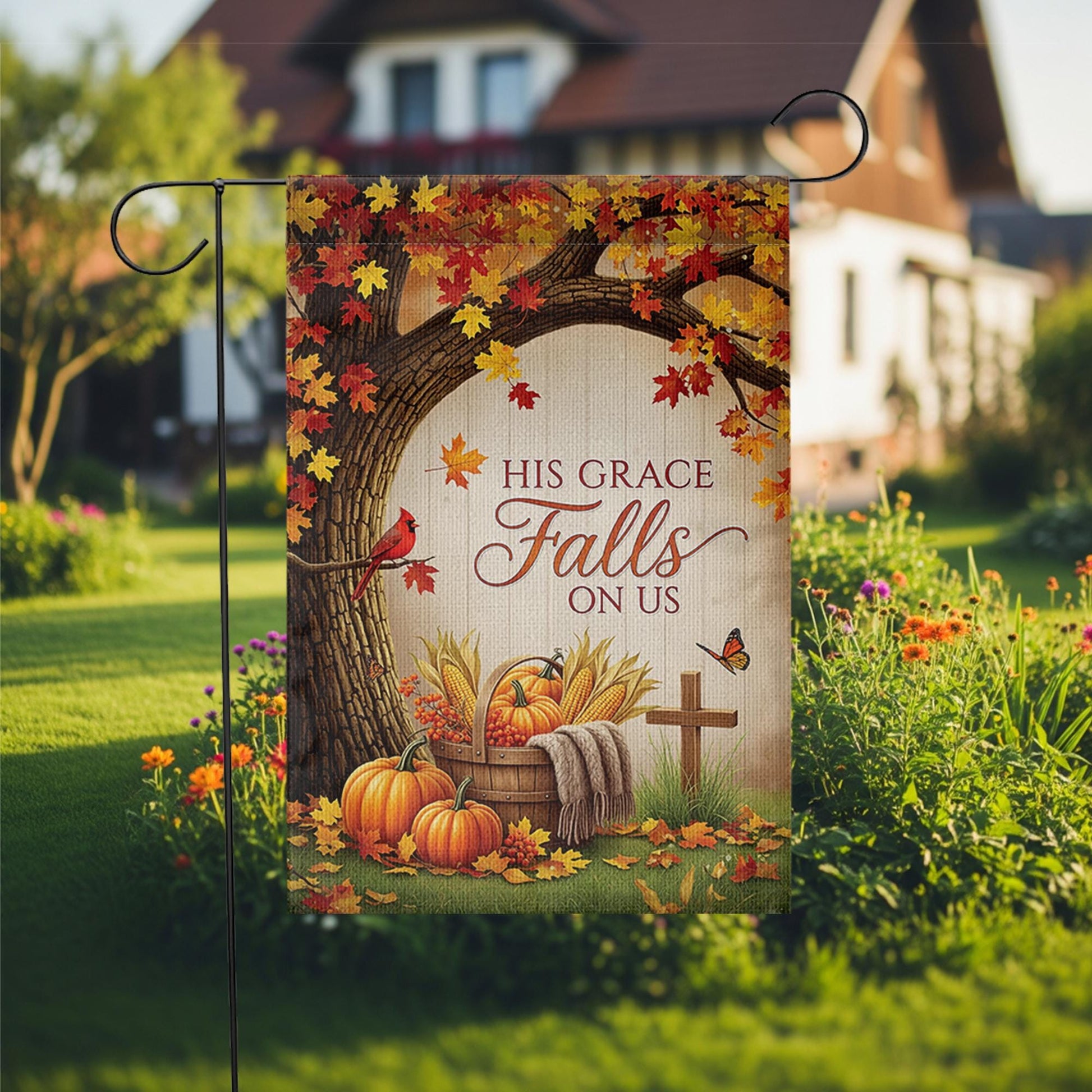 Christian Fall Garden Flag - His Grace Falls On Us - Autumn Pumpkin Outdoor Yard Decor