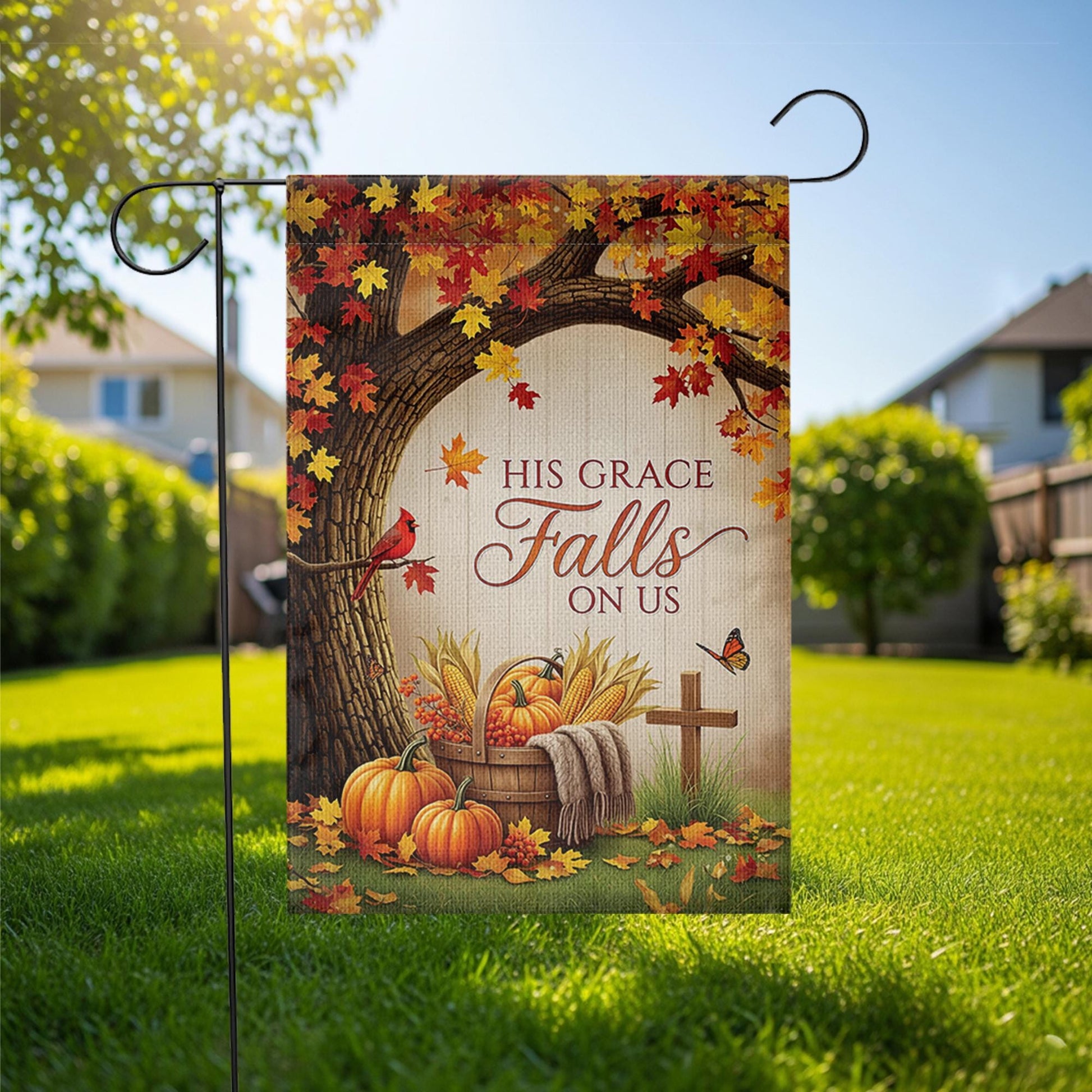 Christian Fall Garden Flag - His Grace Falls On Us - Autumn Pumpkin Outdoor Yard Decor