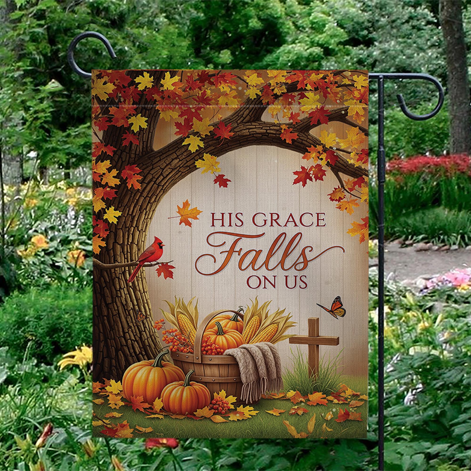 Christian Fall Garden Flag - His Grace Falls On Us - Autumn Pumpkin Outdoor Yard Decor