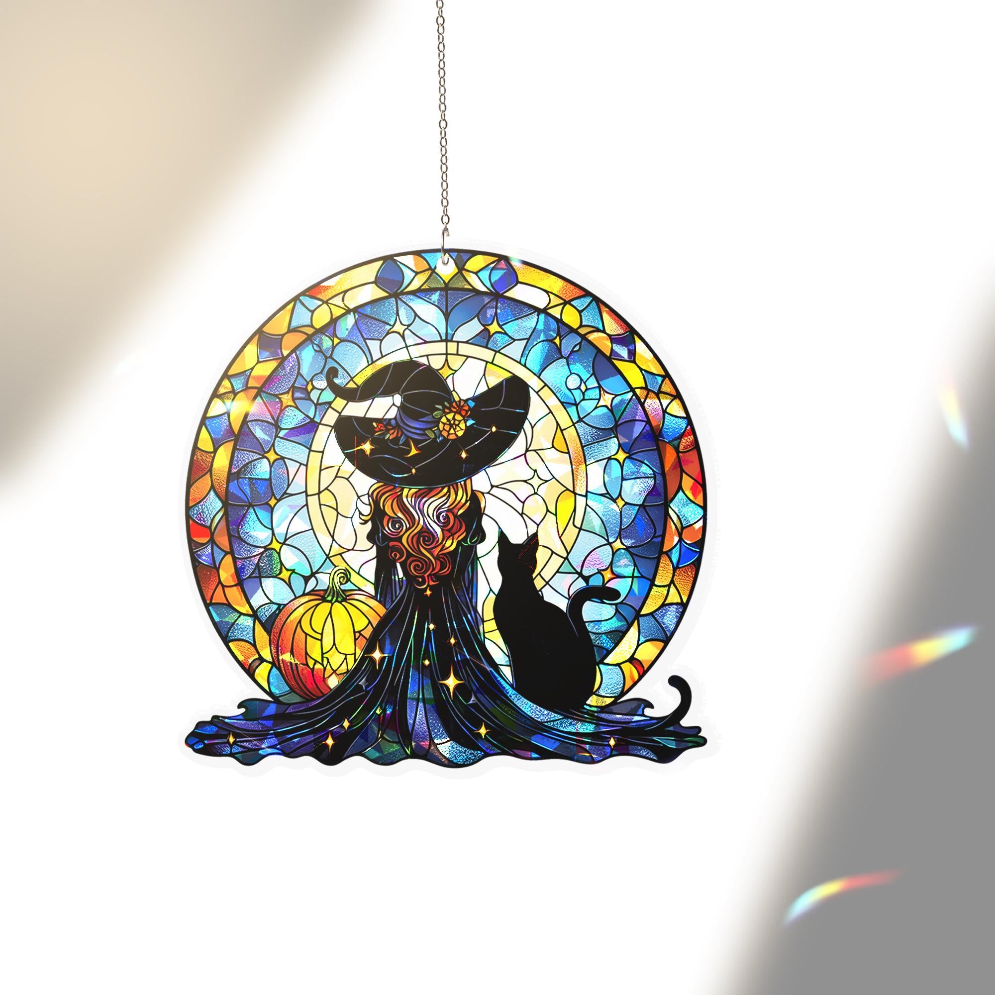 Holographic Witch Suncatcher, Halloween Window Hanging, Acrylic  Cat & Pumpkin Decor, Gothic Fall Sun Catcher Art