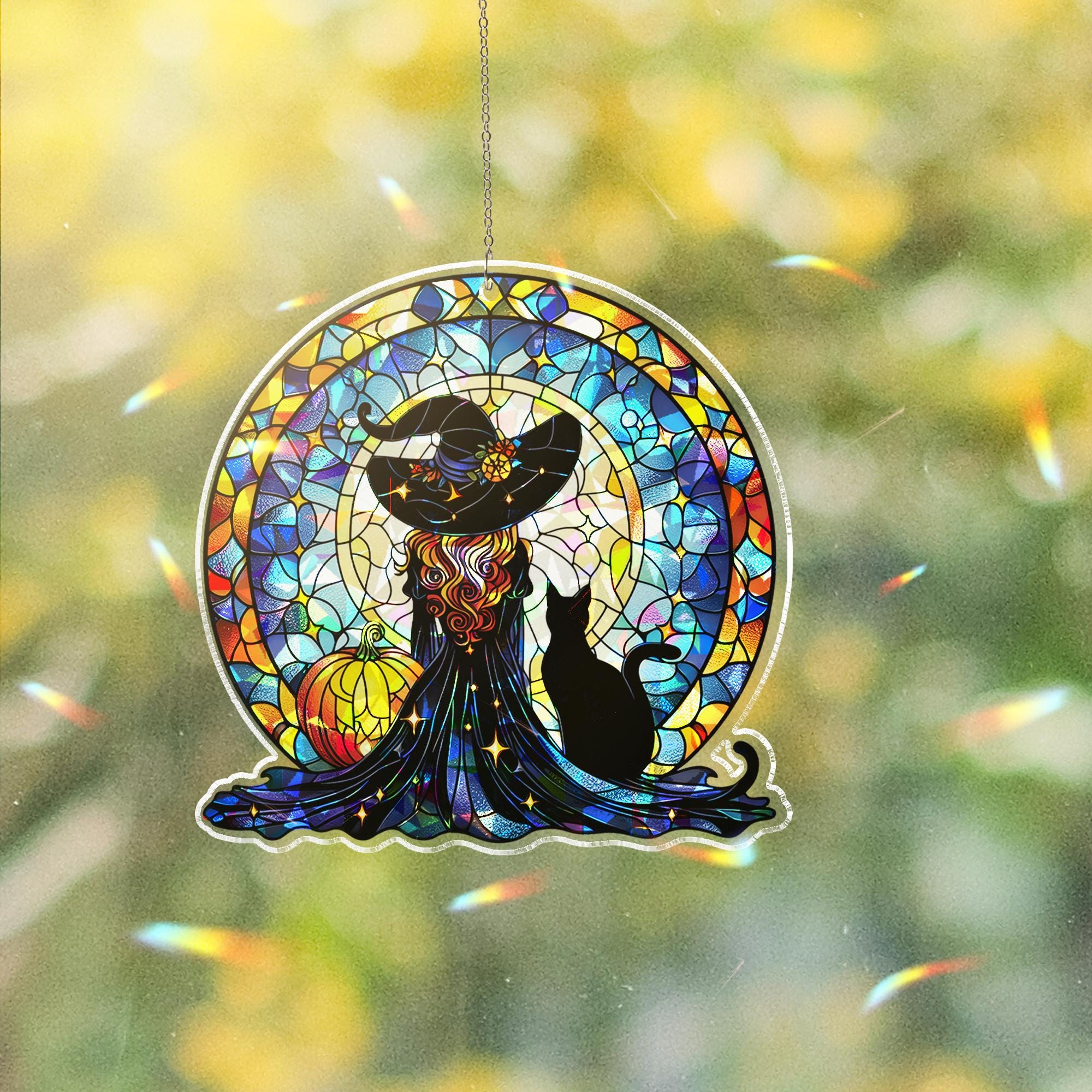 Holographic Witch Suncatcher, Halloween Window Hanging, Acrylic  Cat & Pumpkin Decor, Gothic Fall Sun Catcher Art