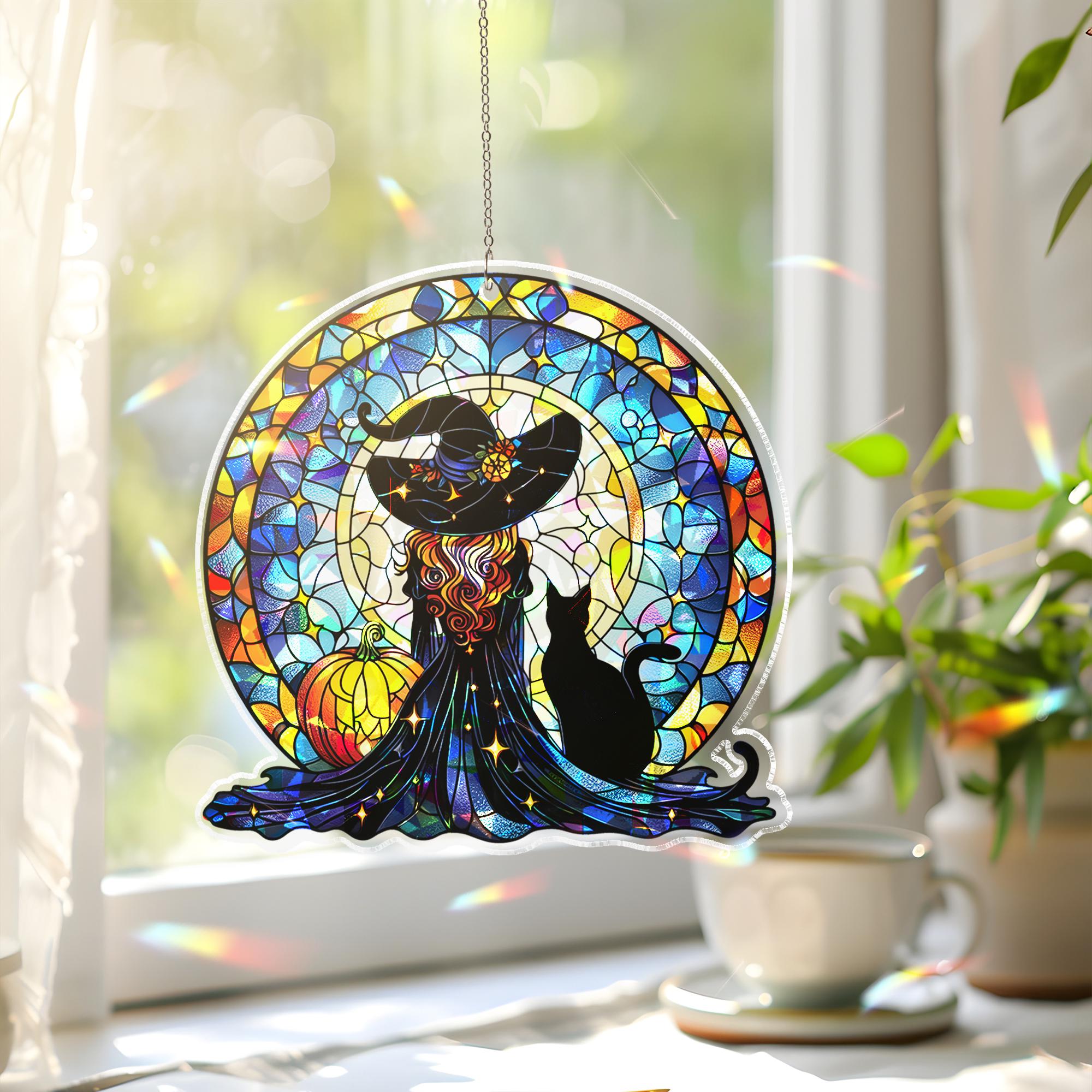 Holographic Witch Suncatcher, Halloween Window Hanging, Acrylic  Cat & Pumpkin Decor, Gothic Fall Sun Catcher Art