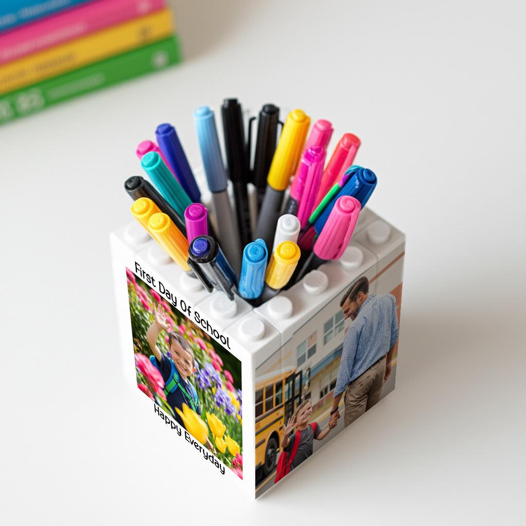 Personalised First Day of School Brick Desk Pencil Pot, Custom Children's picture Bedroom Gift Pencil Pot, Gift for Teachers or Parents