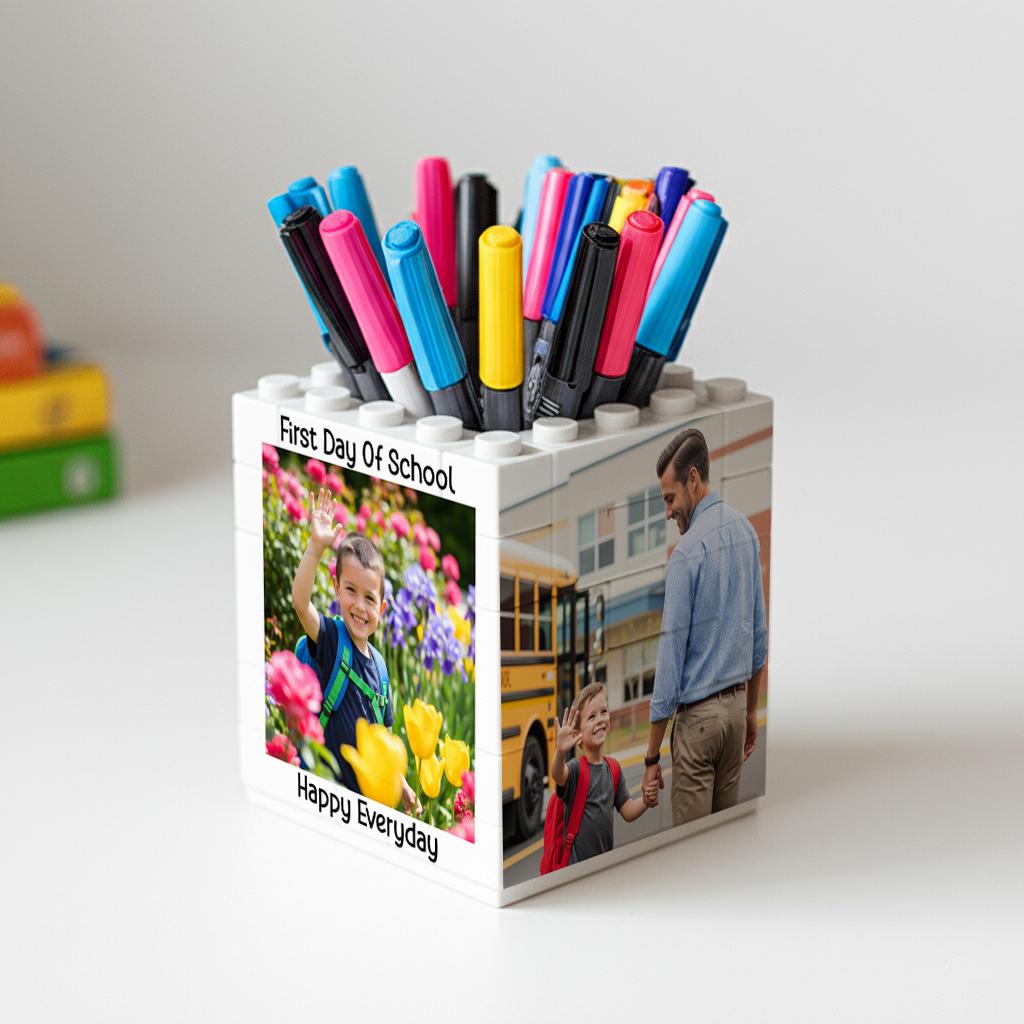 Personalised First Day of School Brick Desk Pencil Pot, Custom Children's picture Bedroom Gift Pencil Pot, Gift for Teachers or Parents