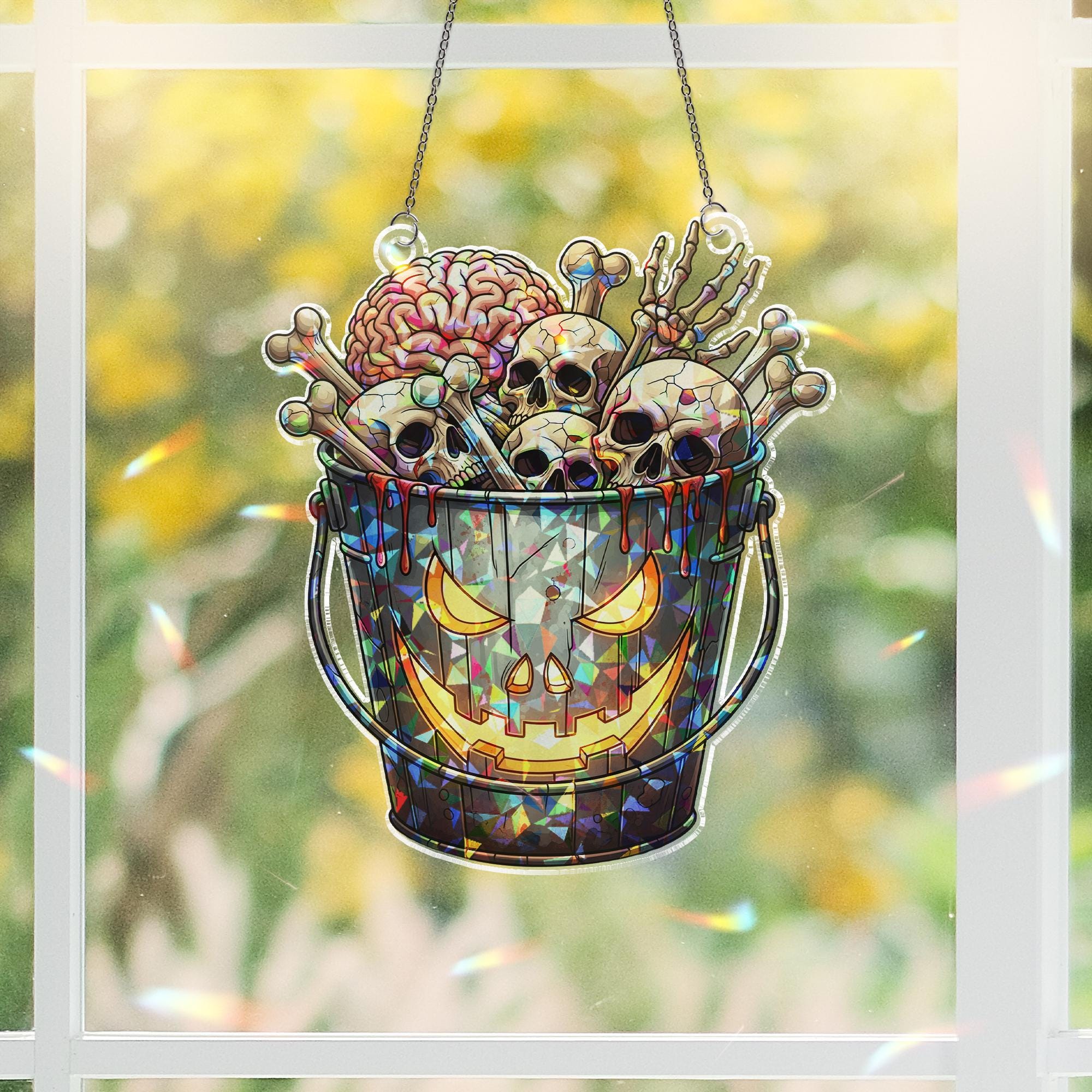 Halloween Skull Sun Catcher - Creepy Brain Bucket Stained Glass Decor - Spooky Window Hanging
