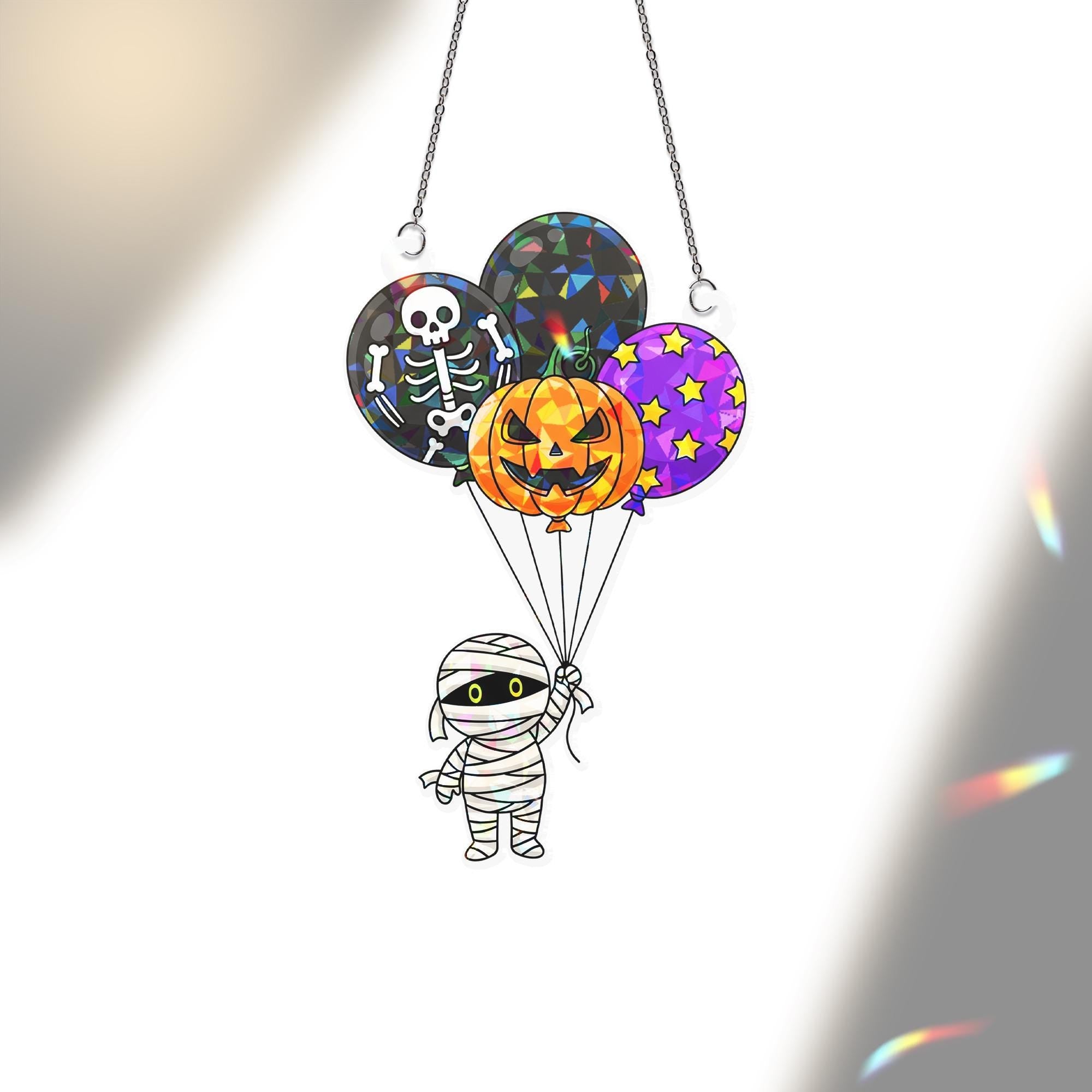 Cute Halloween Mummy Sun Catcher - Pumpkin Balloon Stained Glass Decor - Kid-Friendly Window Art
