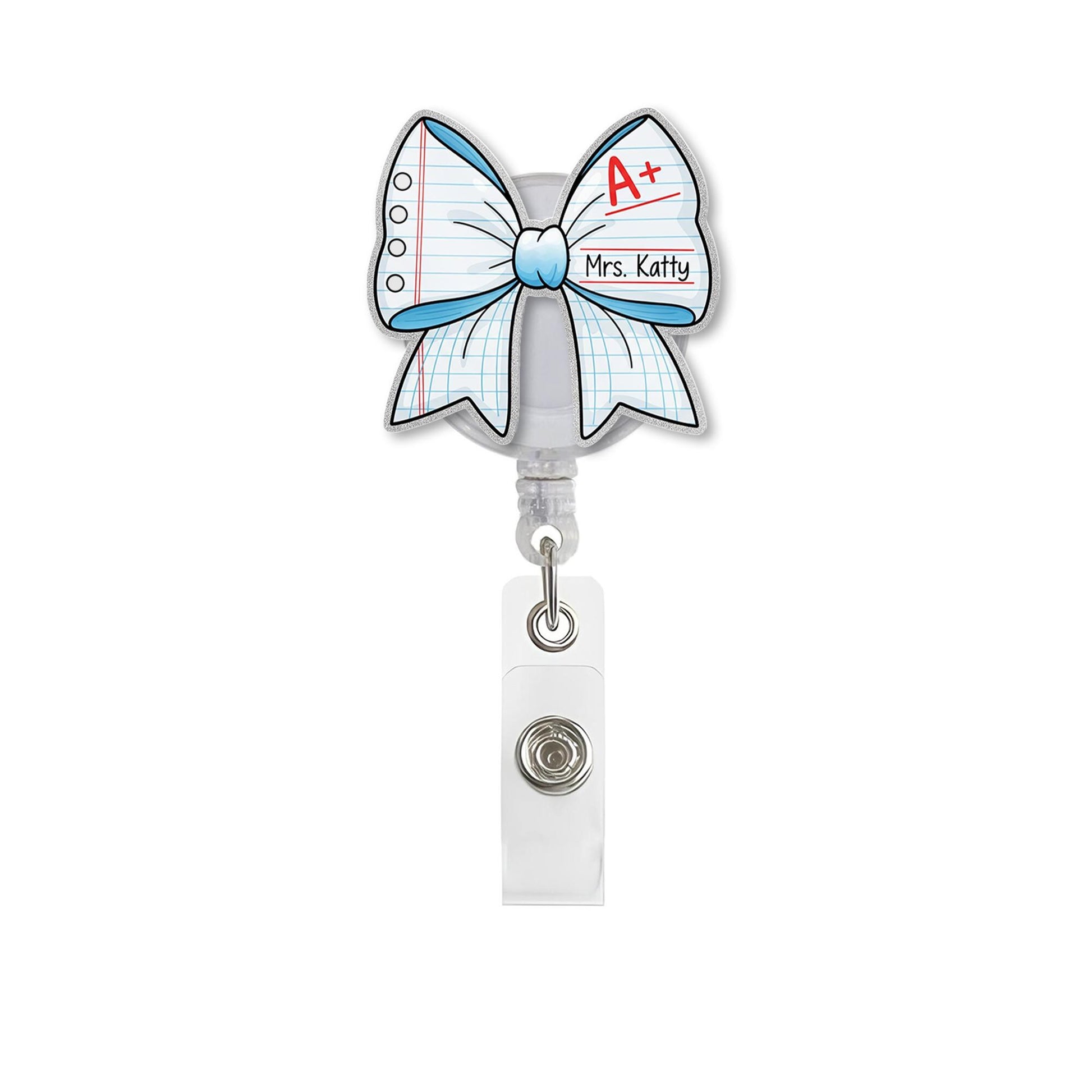 Personalized Teacher Badge Reel, Custom Back to School ID Holder, Cute Bow Name Tag, Retractable Clip for Teachers and Nurses