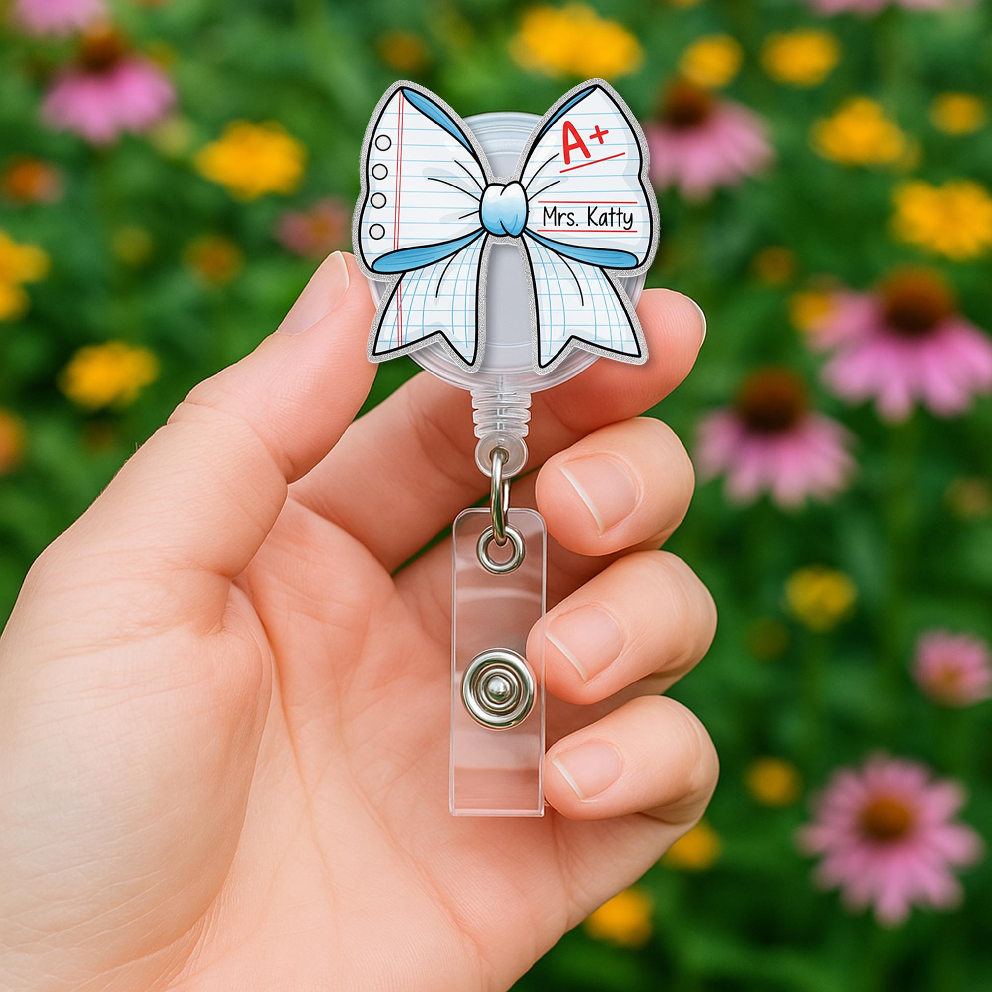 Personalized Teacher Badge Reel, Custom Back to School ID Holder, Cute Bow Name Tag, Retractable Clip for Teachers and Nurses