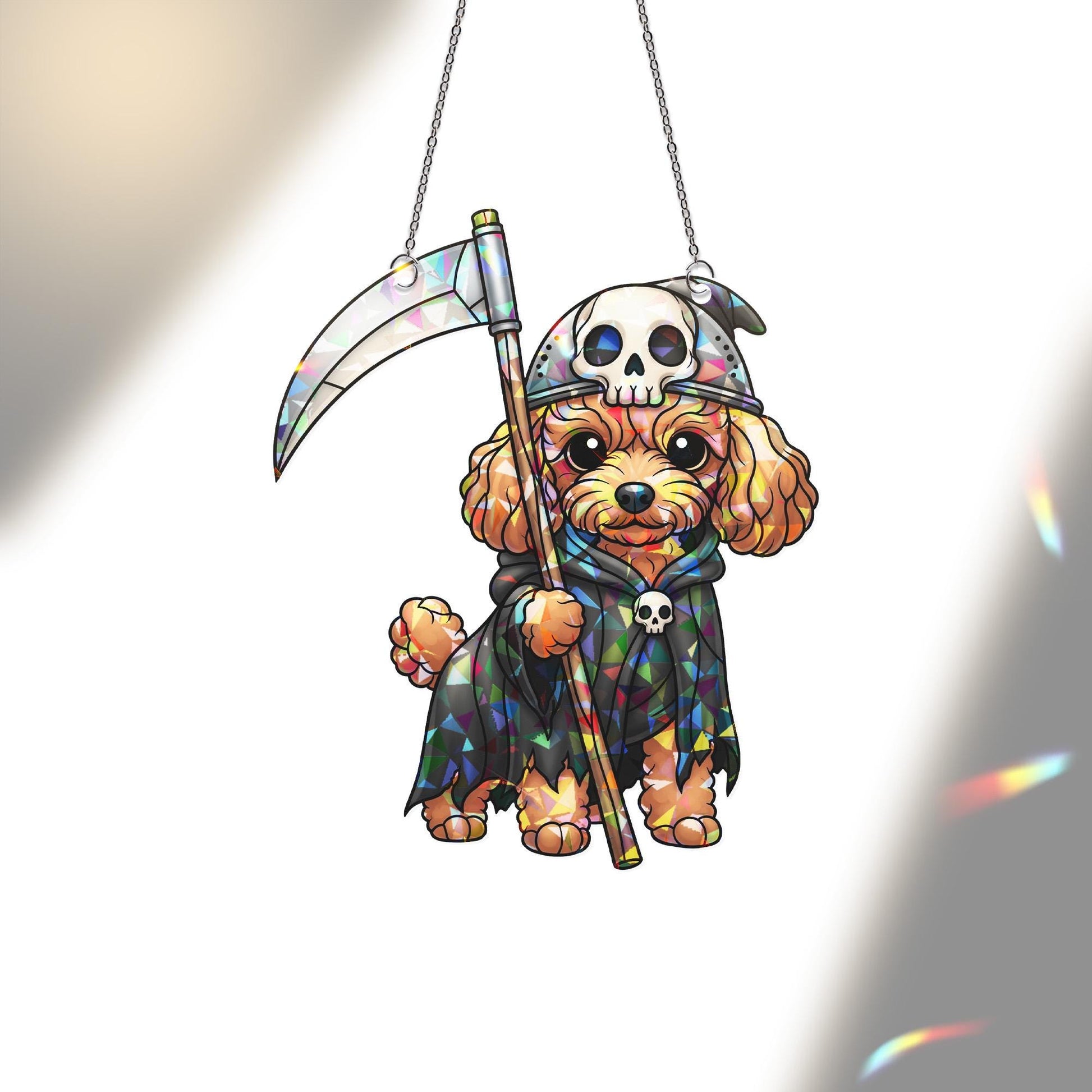 Grim Reaper Dog Sun Catcher - Cute Halloween Puppy Stained Glass Decor - Spooky Pet Window Art