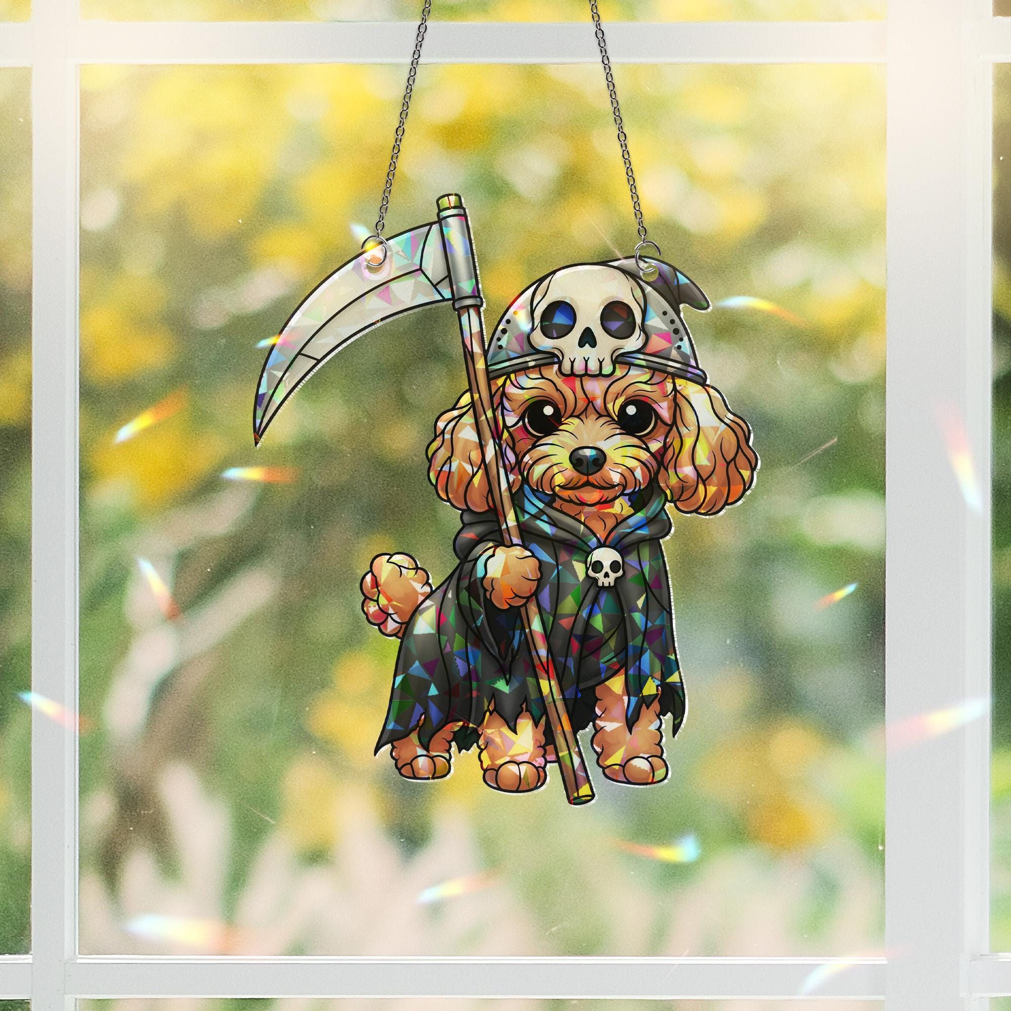 Grim Reaper Dog Sun Catcher - Cute Halloween Puppy Stained Glass Decor - Spooky Pet Window Art