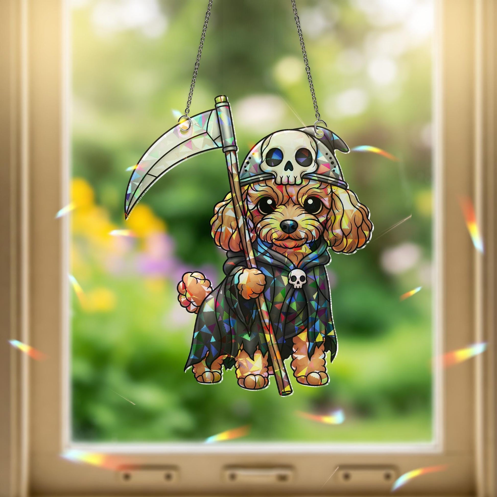 Grim Reaper Dog Sun Catcher - Cute Halloween Puppy Stained Glass Decor - Spooky Pet Window Art