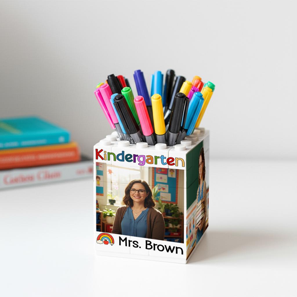 Personalized Teacher Photo Building Brick Pencil Pot, Custom Kindergarten Name Desk Organizer, Back To School Gift, Teacher Accessories