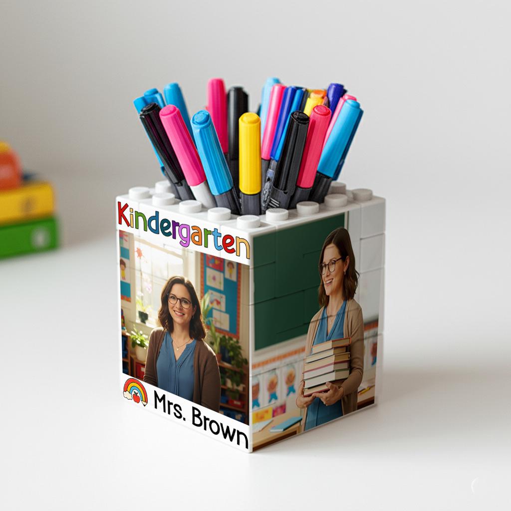 Personalized Teacher Photo Building Brick Pencil Pot, Custom Kindergarten Name Desk Organizer, Back To School Gift, Teacher Accessories