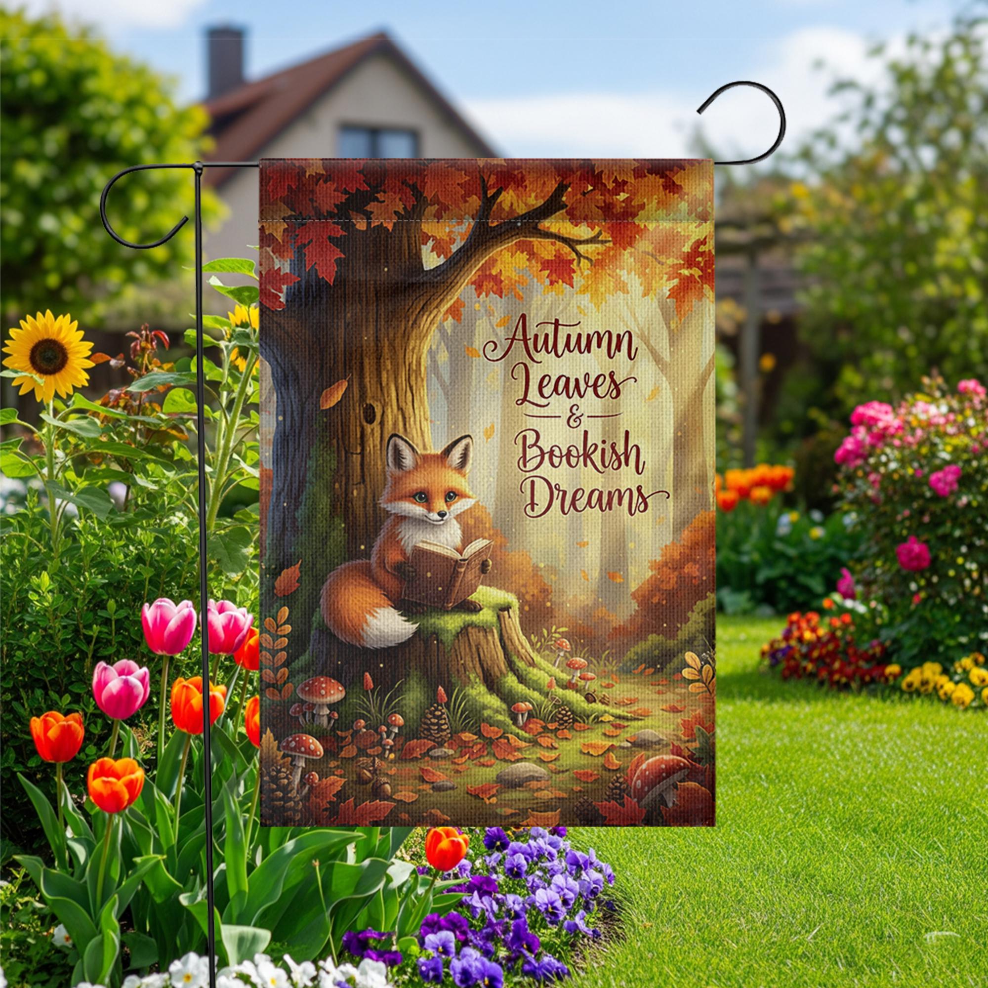 Autumn Fox Garden Flag - Bookish Dreams Fall Yard Decor - Cozy Reading Outdoor Sign