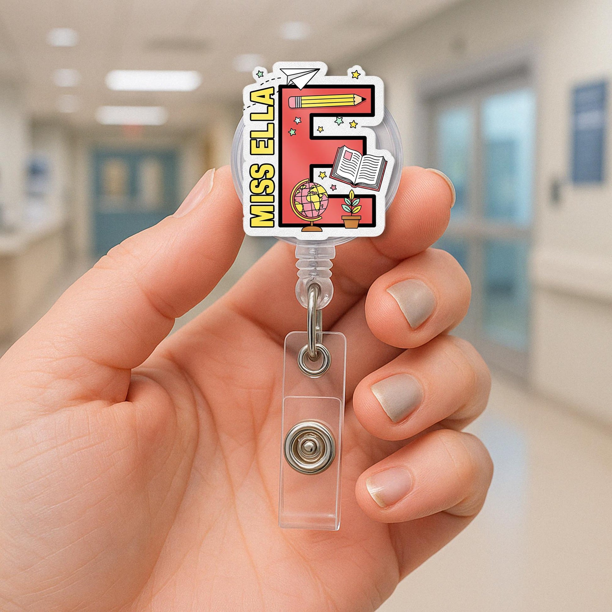 Custom Teacher Badge Reel, Back to School ID Clip, Personalized Letter Badge Holder, Cute Retractable Name Tag for Classroom