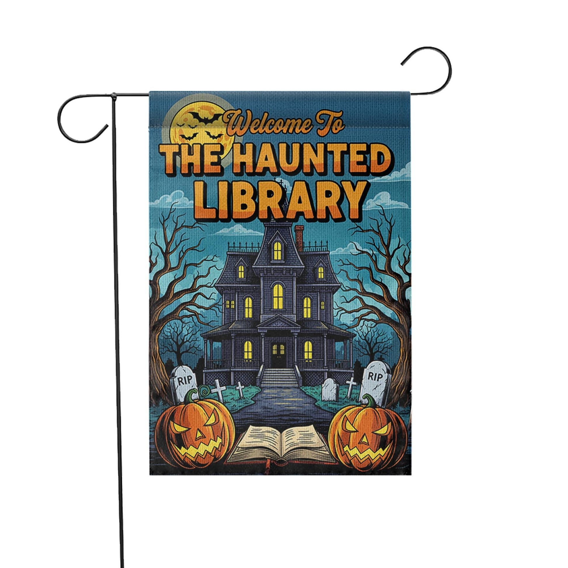 Haunted Library Garden Flag - Halloween Book Lover Yard Decor - Spooky House Outdoor Sign