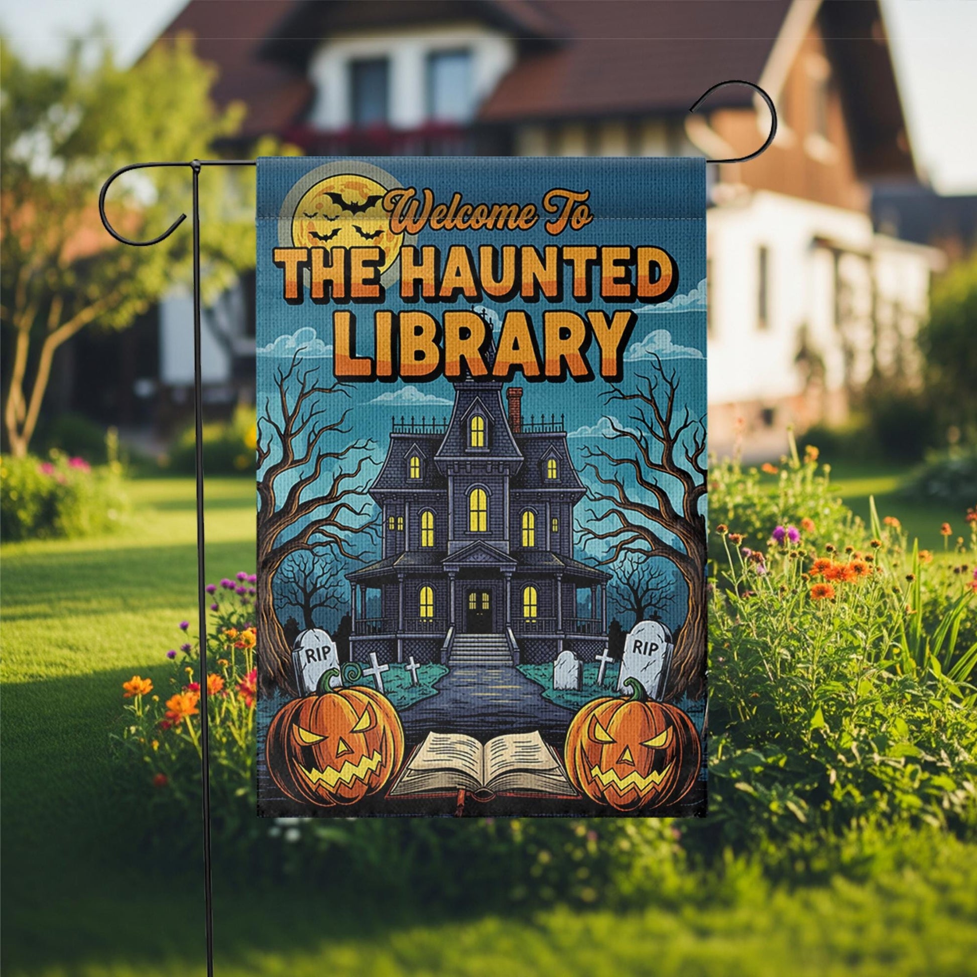 Haunted Library Garden Flag - Halloween Book Lover Yard Decor - Spooky House Outdoor Sign