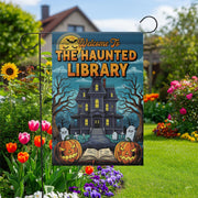 Haunted Library Garden Flag - Halloween Book Lover Yard Decor - Spooky House Outdoor Sign