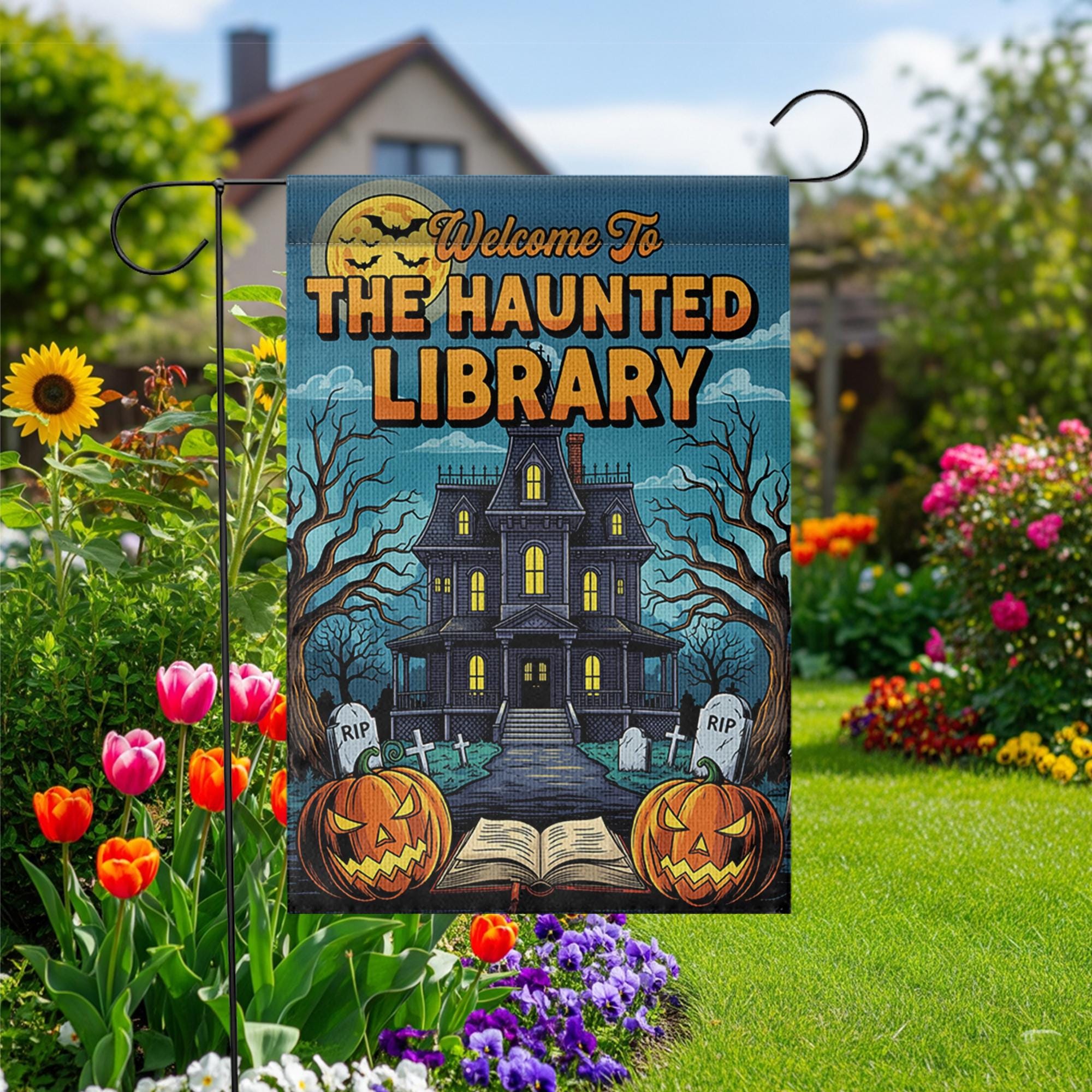 Haunted Library Garden Flag - Halloween Book Lover Yard Decor - Spooky House Outdoor Sign