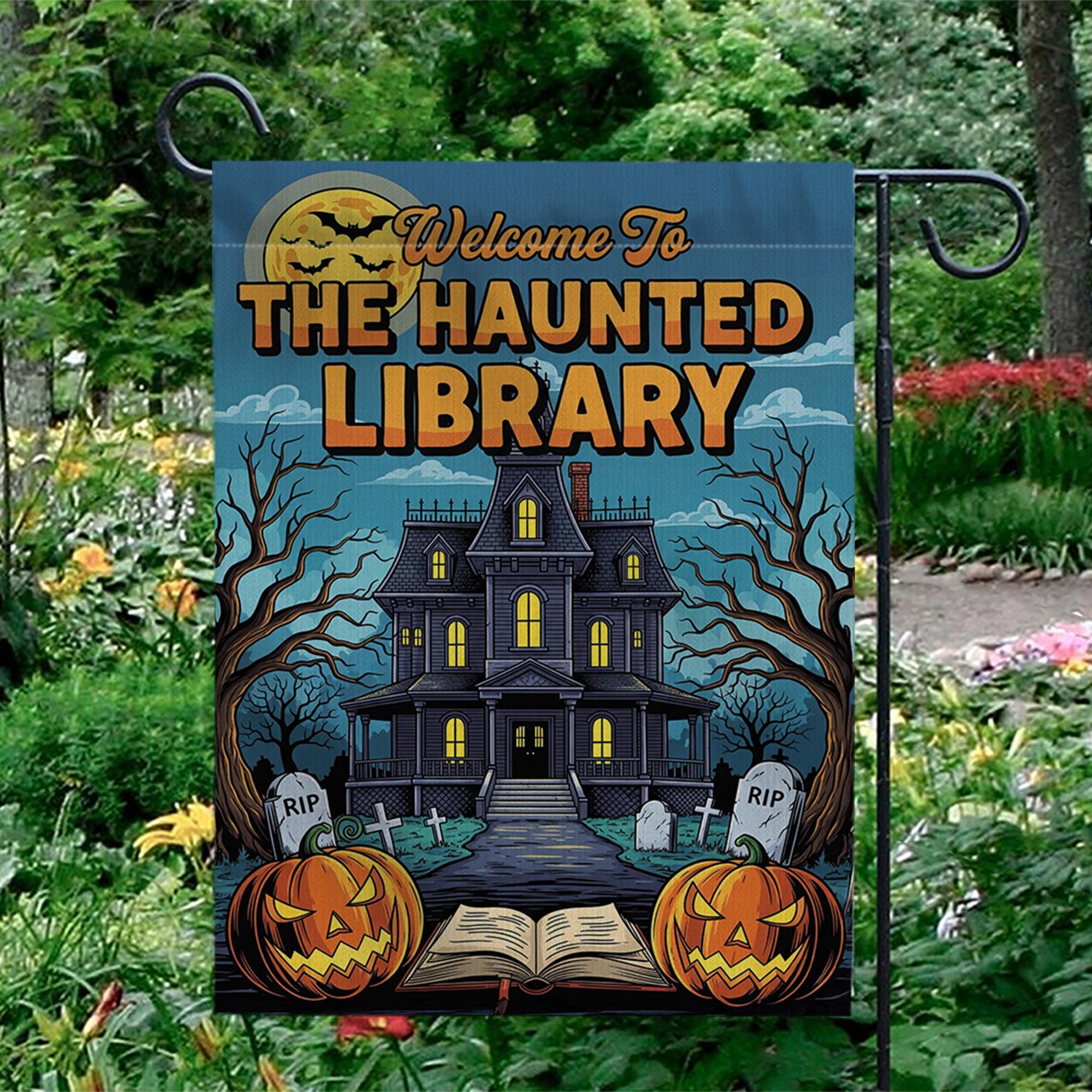 Haunted Library Garden Flag - Halloween Book Lover Yard Decor - Spooky House Outdoor Sign