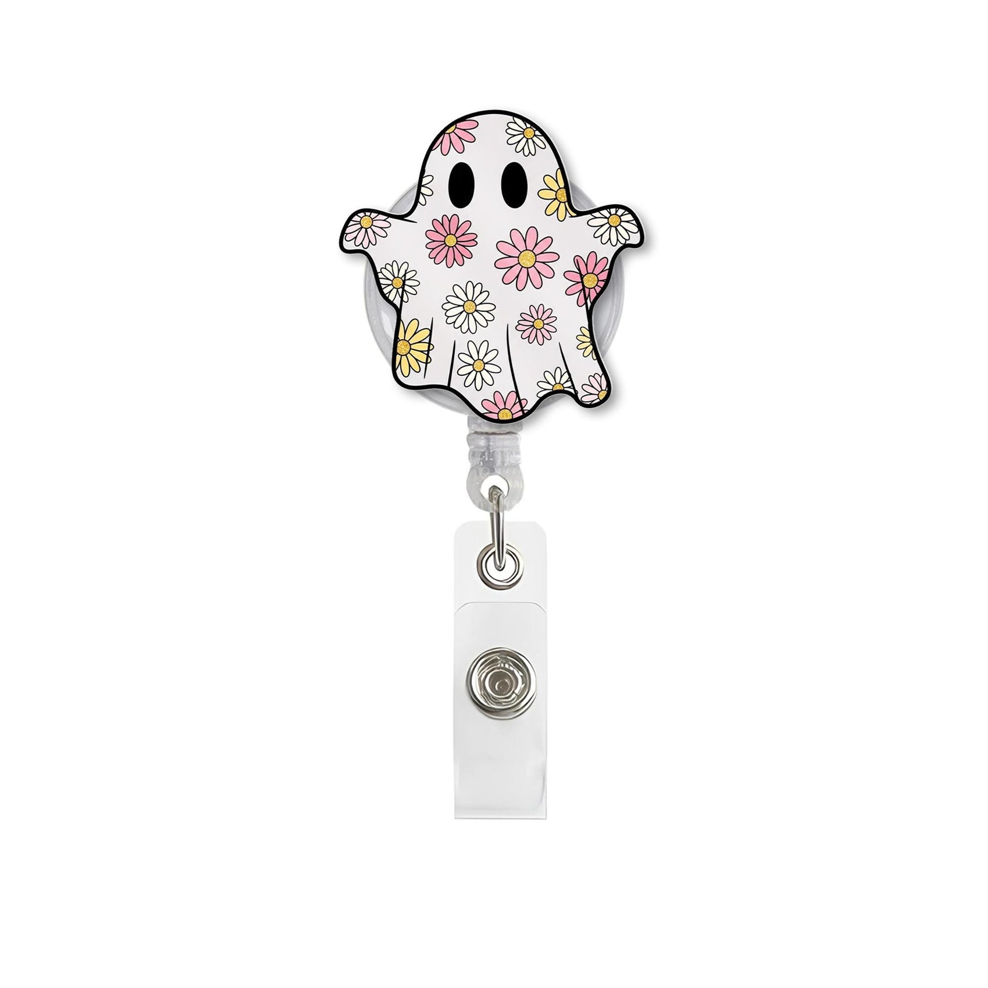 Floral Ghost Badge Reel, Cute Halloween ID Holder, Retractable Spooky Name Tag, Fun Fall Accessory for Nurses, Teachers, Staff