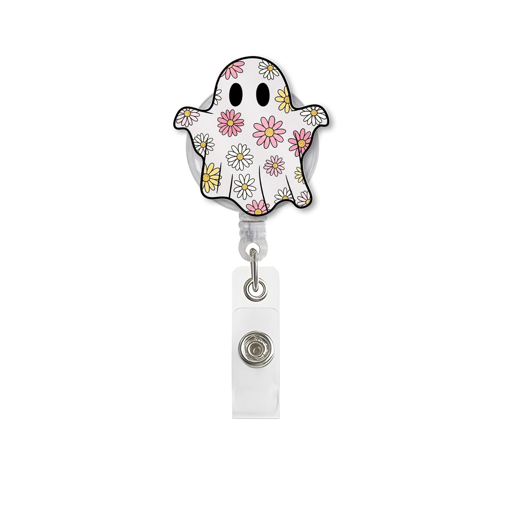 Floral Ghost Badge Reel, Cute Halloween ID Holder, Retractable Spooky Name Tag, Fun Fall Accessory for Nurses, Teachers, Staff