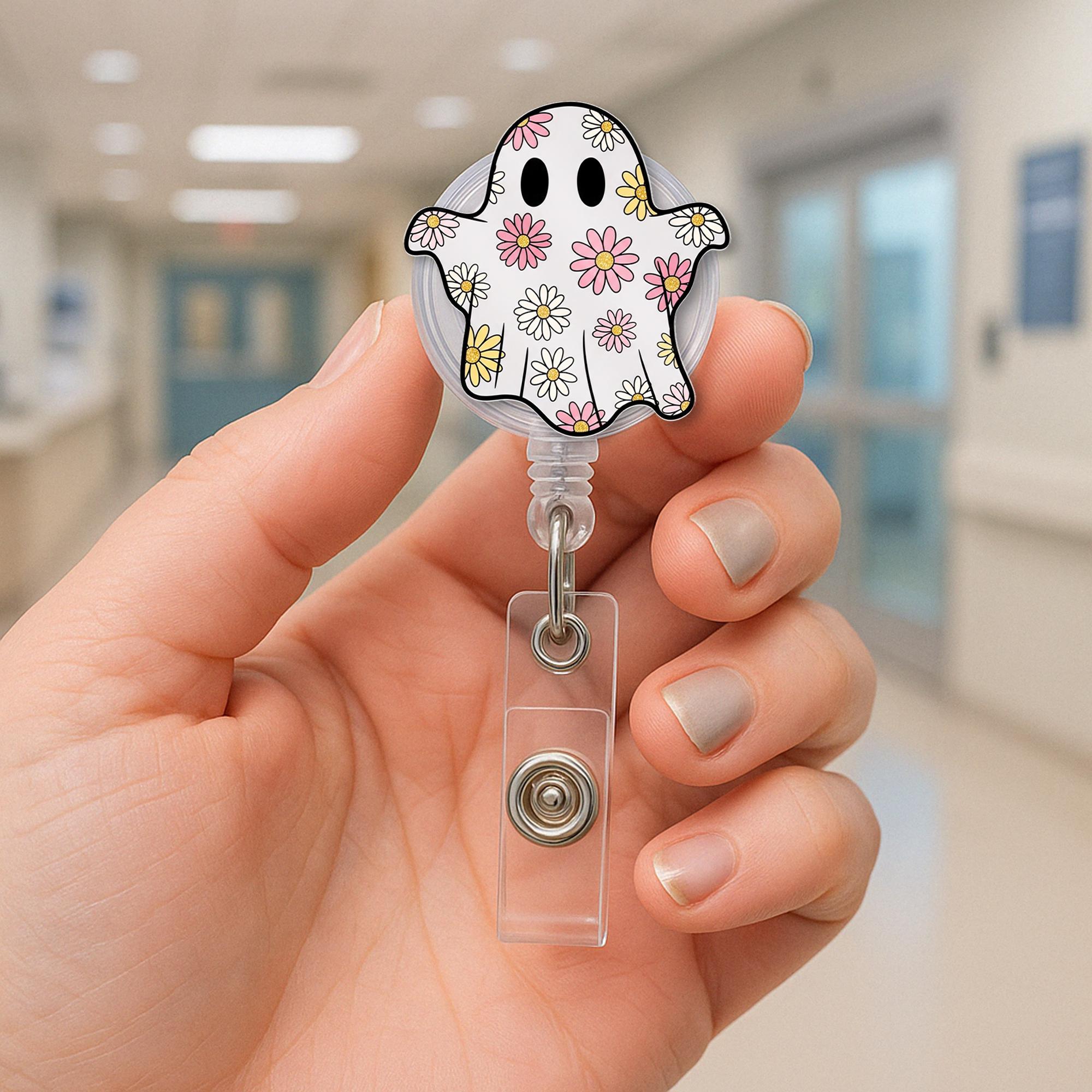 Floral Ghost Badge Reel, Cute Halloween ID Holder, Retractable Spooky Name Tag, Fun Fall Accessory for Nurses, Teachers, Staff