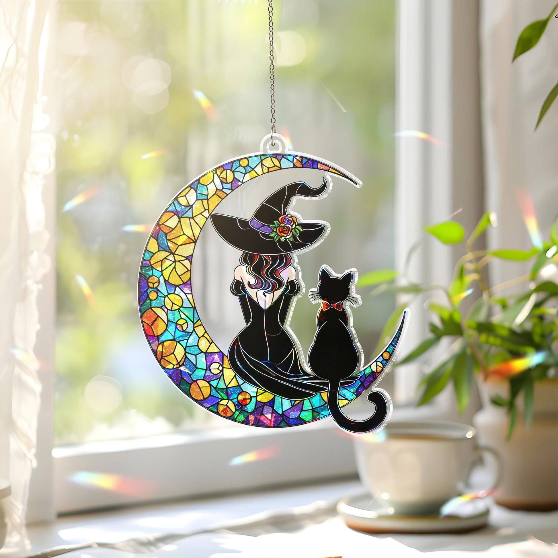 Halloween Witch Cat Suncatcher, Holographic Acrylic Moon Window Hanging, Gothic Fall Decor, Spooky Charm window decor