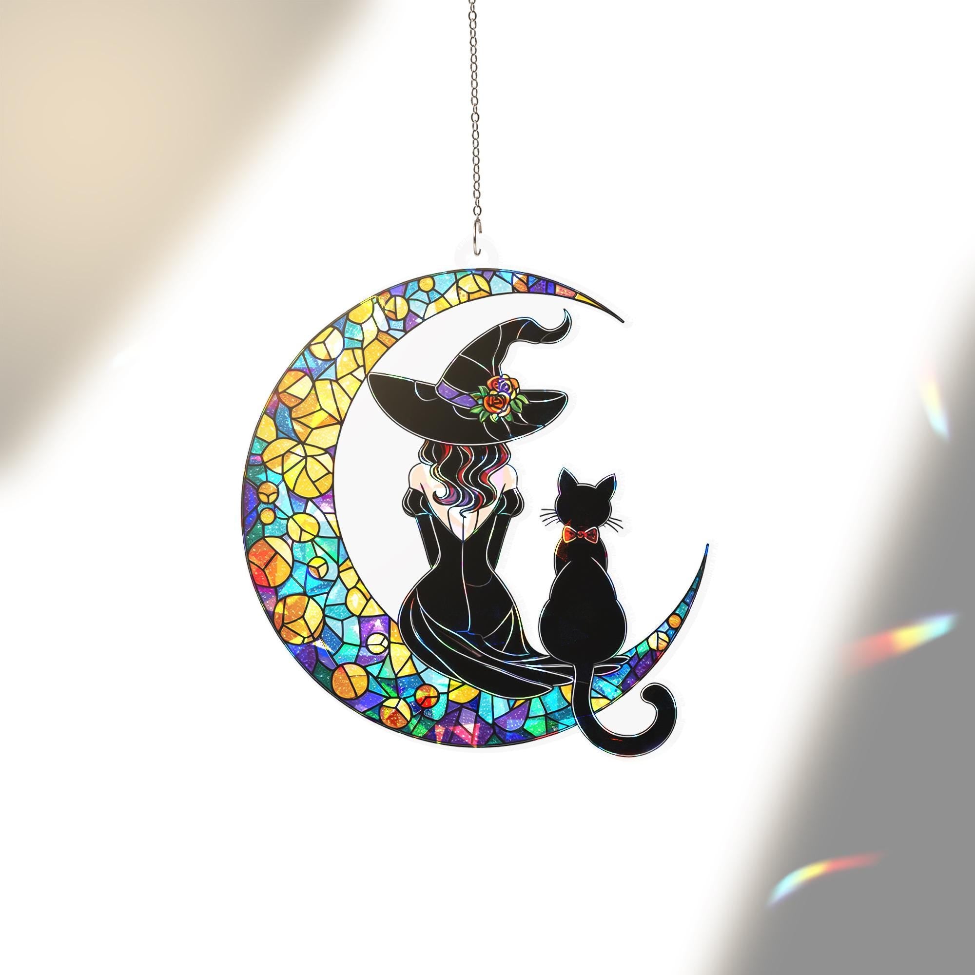 Halloween Witch Cat Suncatcher, Holographic Acrylic Moon Window Hanging, Gothic Fall Decor, Spooky Charm window decor