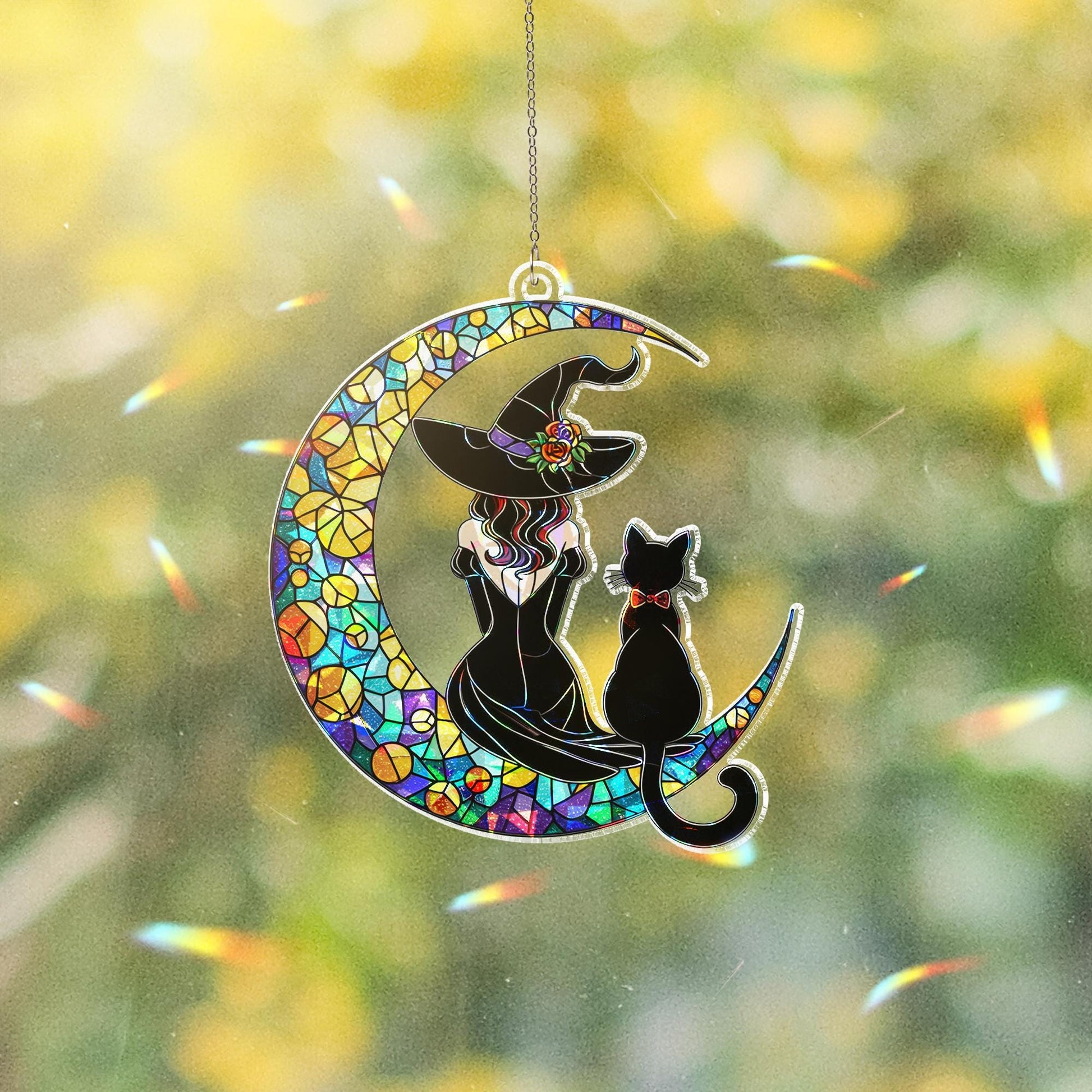 Halloween Witch Cat Suncatcher, Holographic Acrylic Moon Window Hanging, Gothic Fall Decor, Spooky Charm window decor