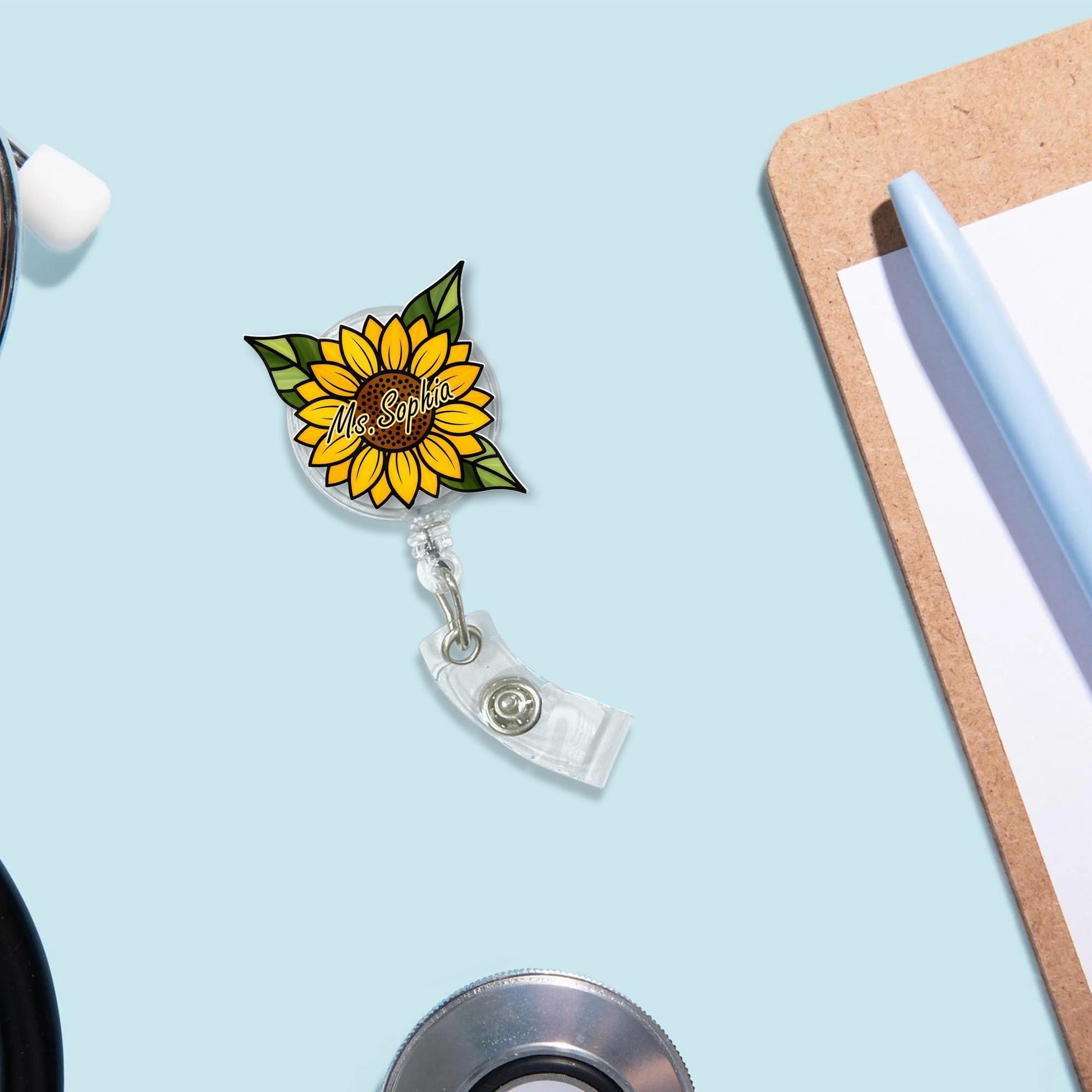 Custom Sunflower Badge Reel, Personalized Teacher ID Holder, Back to School Name Tag, Retractable Clip for Nurses and Staff