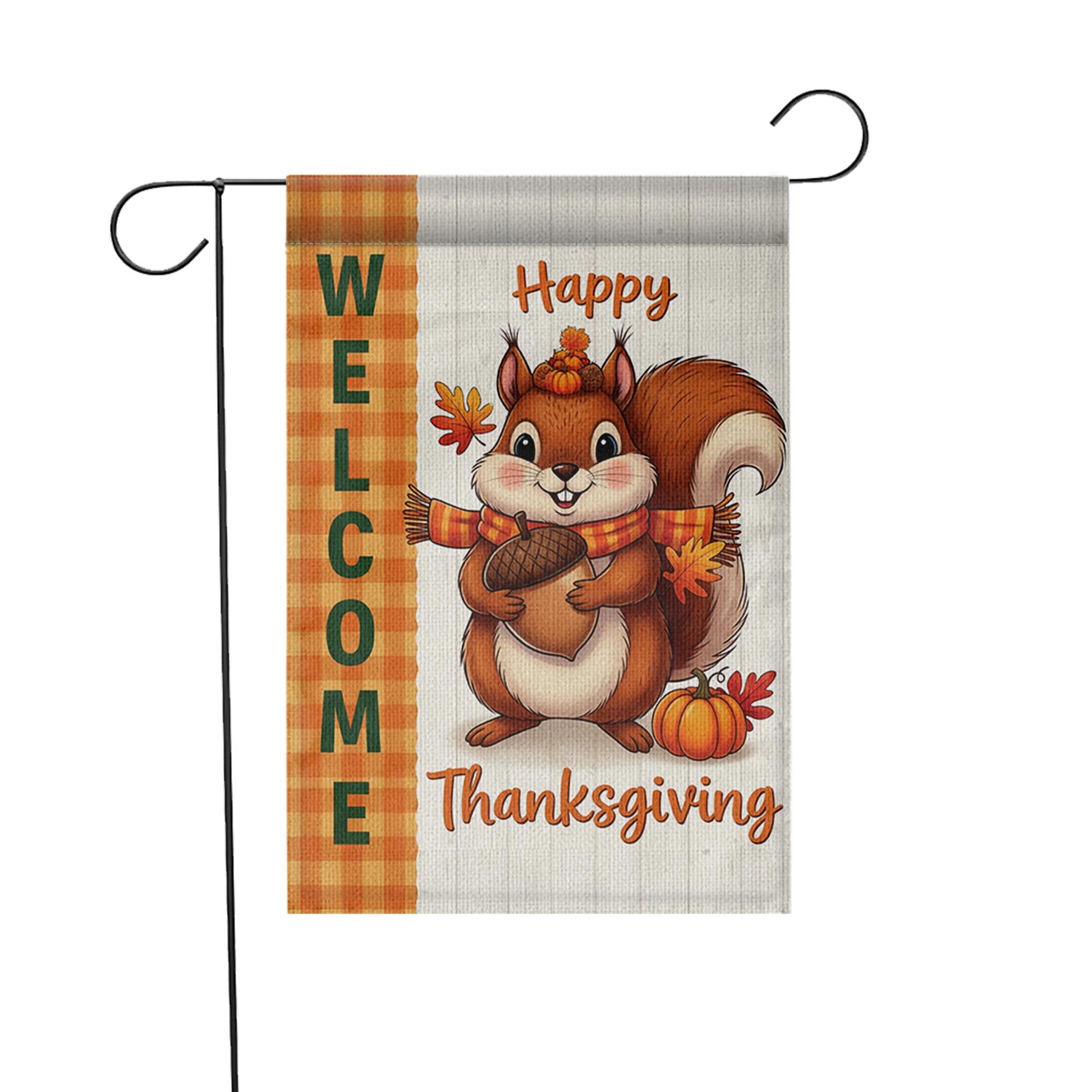 Cute Thanksgiving Squirrel Garden Flag - Fall Welcome Yard Decor with Acorn & Pumpkin