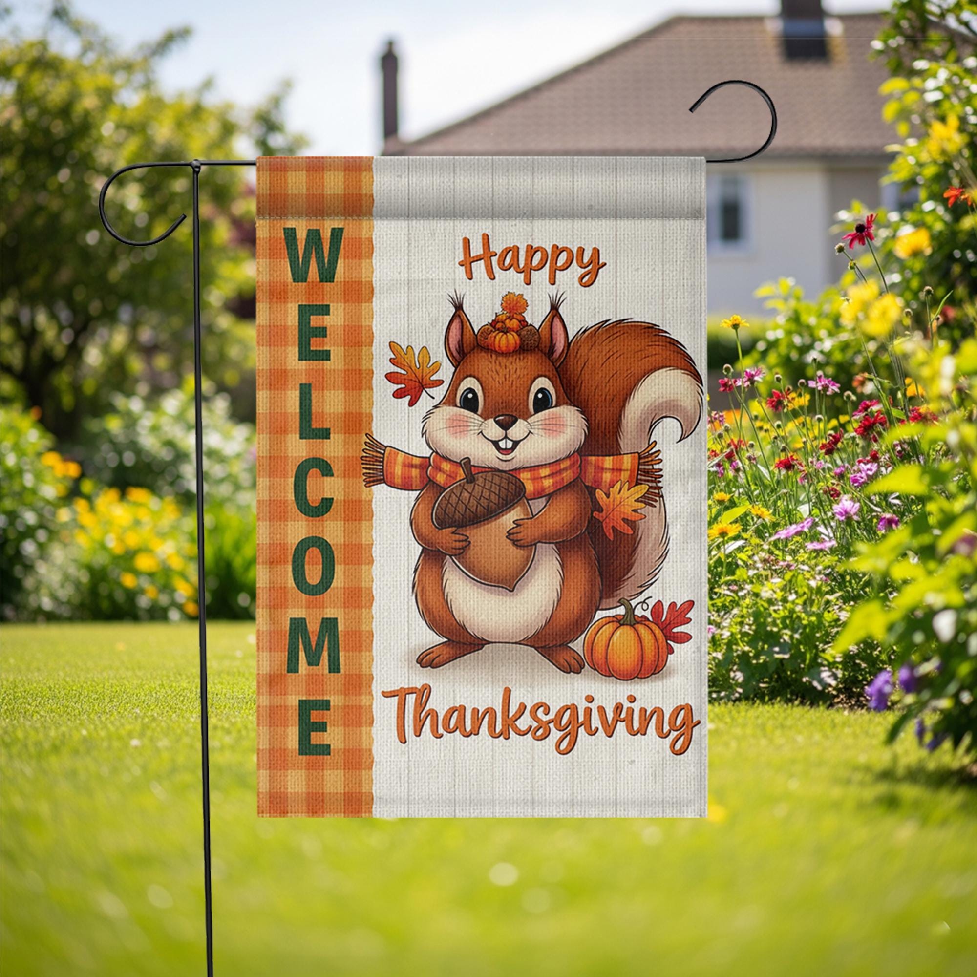 Cute Thanksgiving Squirrel Garden Flag - Fall Welcome Yard Decor with Acorn & Pumpkin
