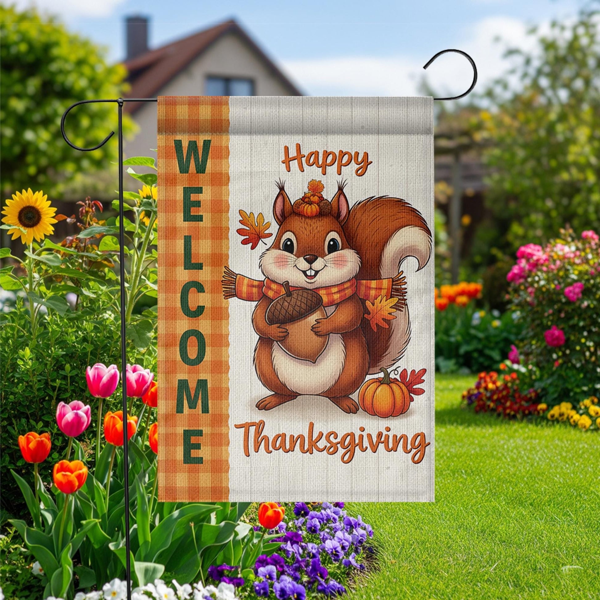 Cute Thanksgiving Squirrel Garden Flag - Fall Welcome Yard Decor with Acorn & Pumpkin