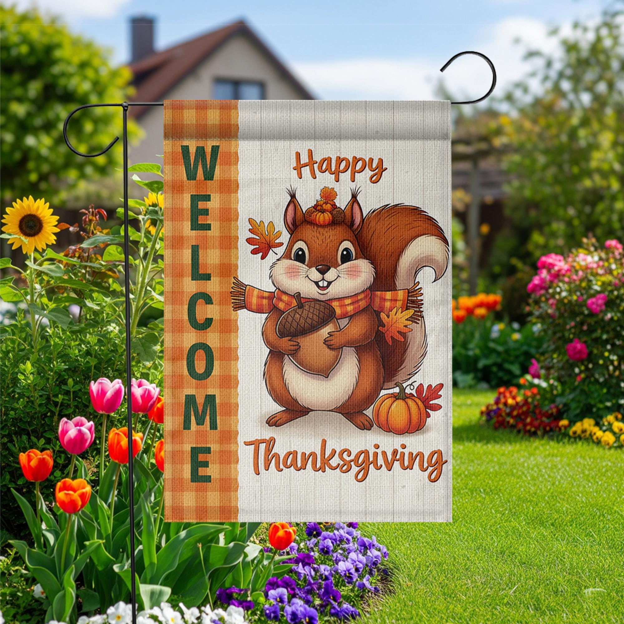 Cute Thanksgiving Squirrel Garden Flag - Fall Welcome Yard Decor with Acorn & Pumpkin