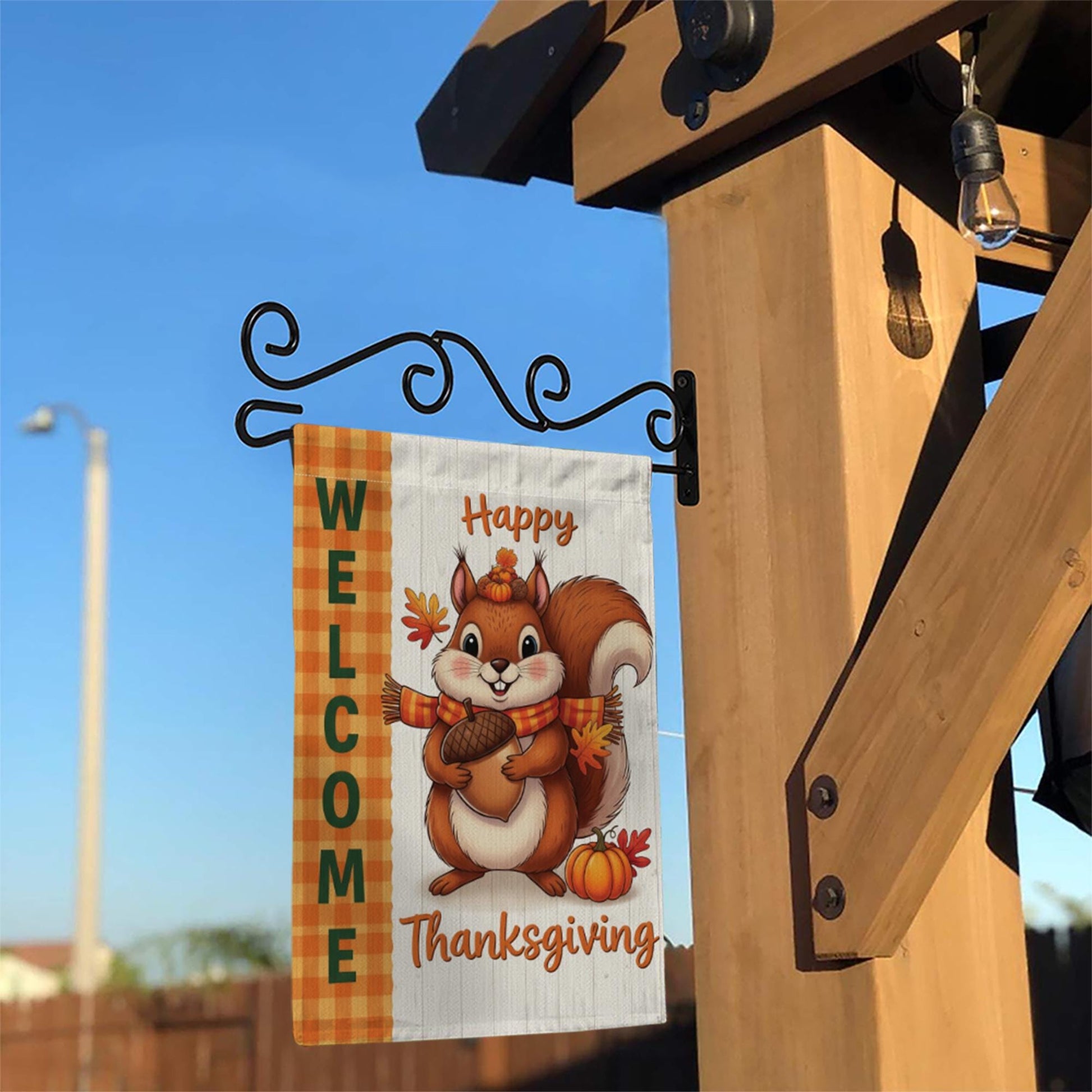 Cute Thanksgiving Squirrel Garden Flag - Fall Welcome Yard Decor with Acorn & Pumpkin