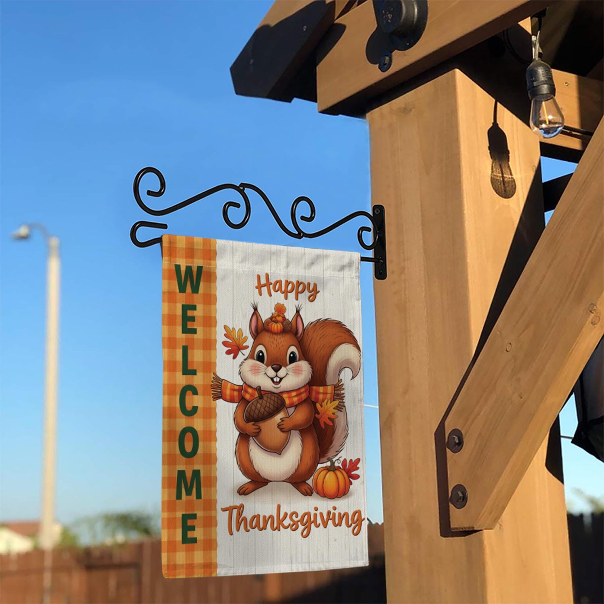 Cute Thanksgiving Squirrel Garden Flag - Fall Welcome Yard Decor with Acorn & Pumpkin