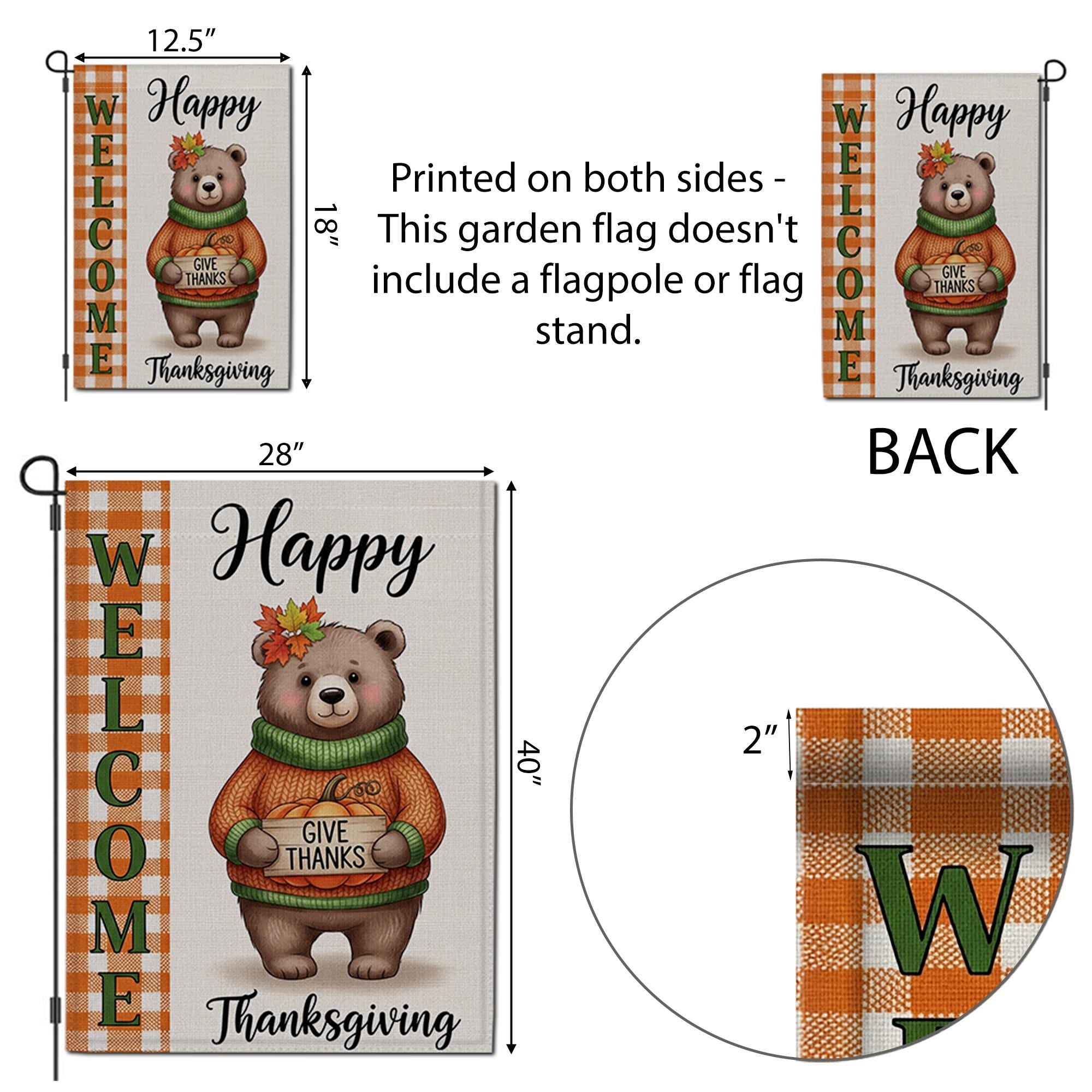 Thanksgiving Bear Garden Flag - Cute Give Thanks Fall Yard Decor - Autumn Welcome Sign